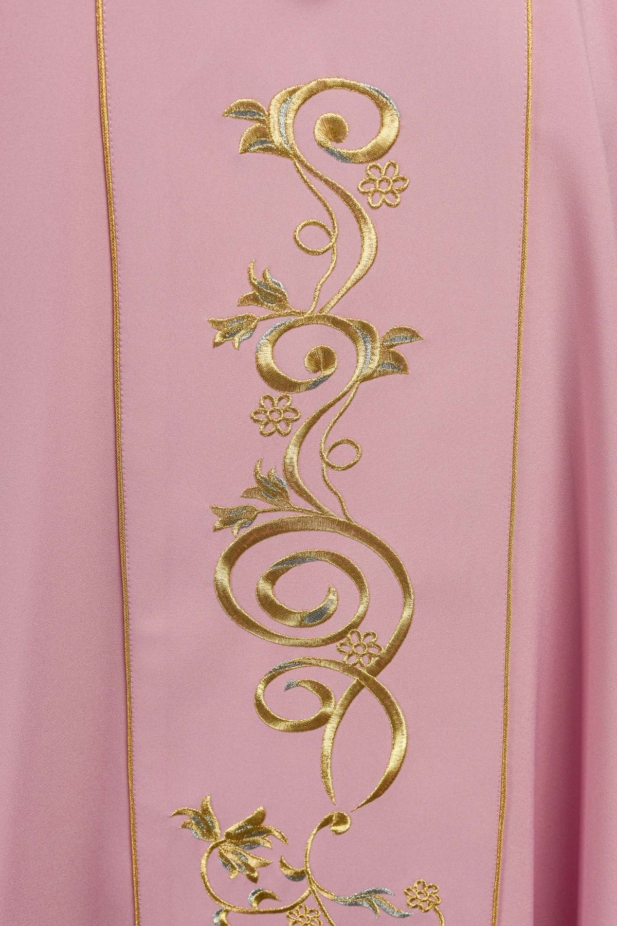 Rose chasuble back close-up with gold floral embroidery and trim