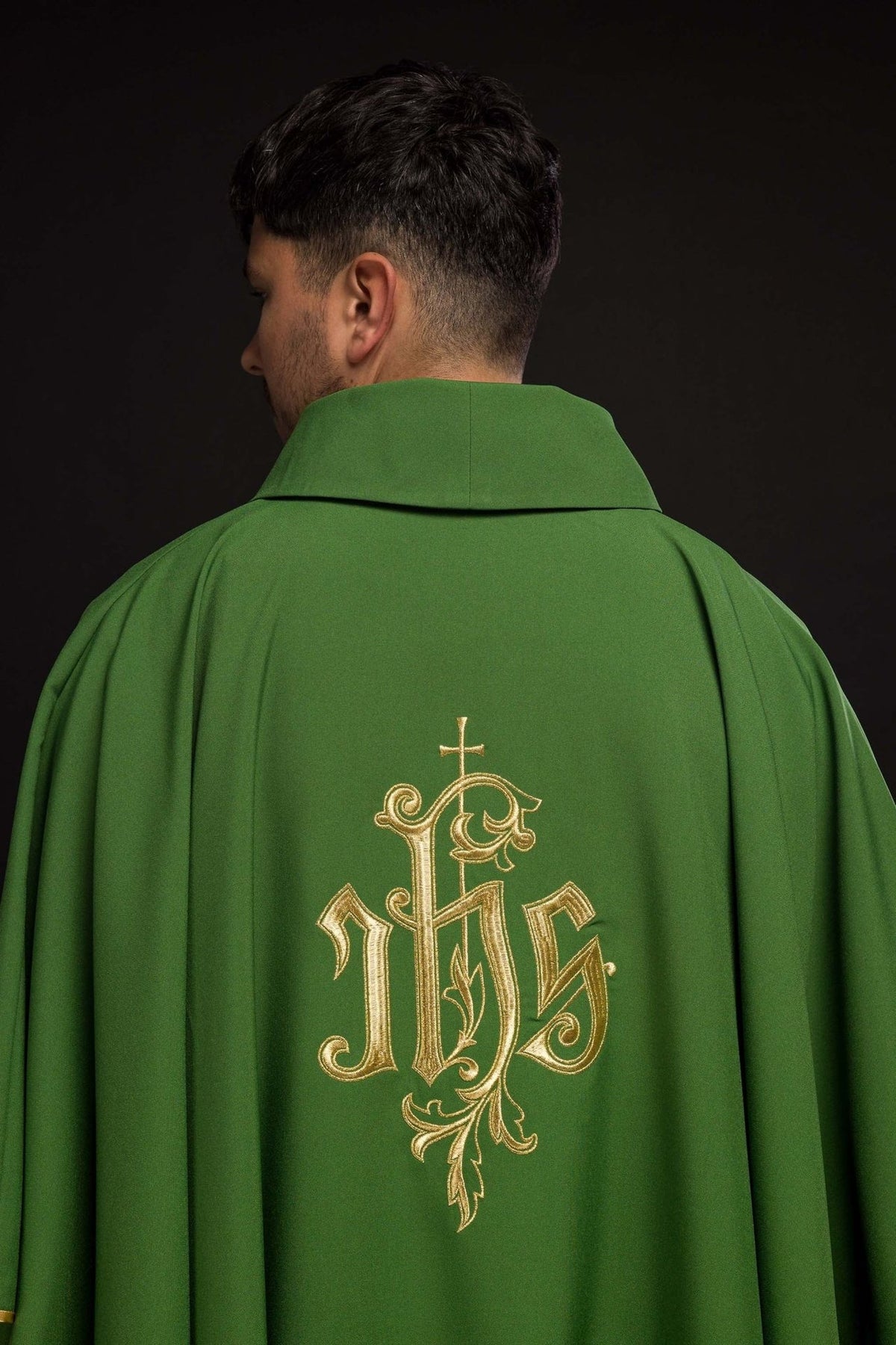 Fabric label belonging to the Green Chasuble with Gold IHS Embroidery