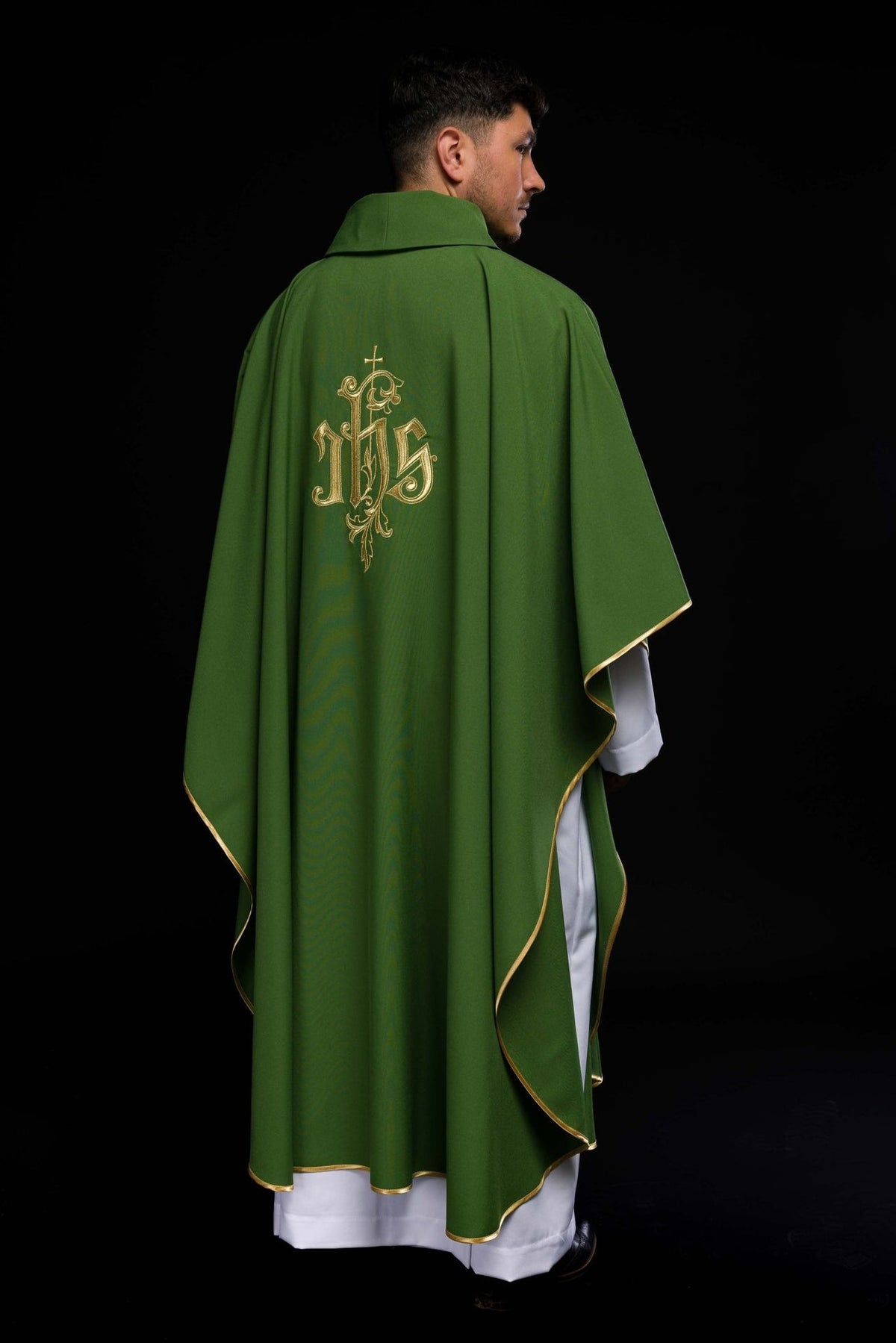Green chasuble back view with gold IHS embroidery and stand-up collar
