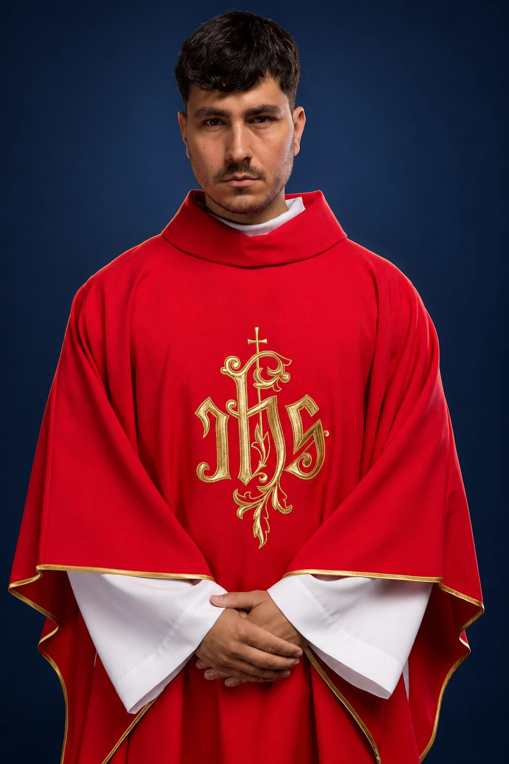 Red Chasuble with Gold IHS Embroidery, front view with gold trim and stand-up collar