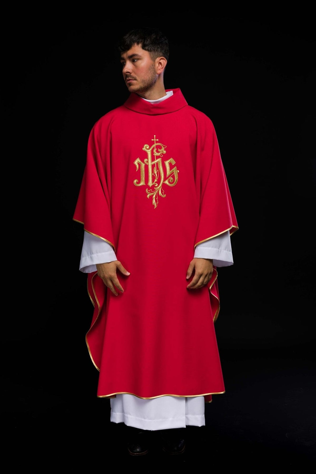 Red chasuble with gold IHS embroidery, full front view with gold trim