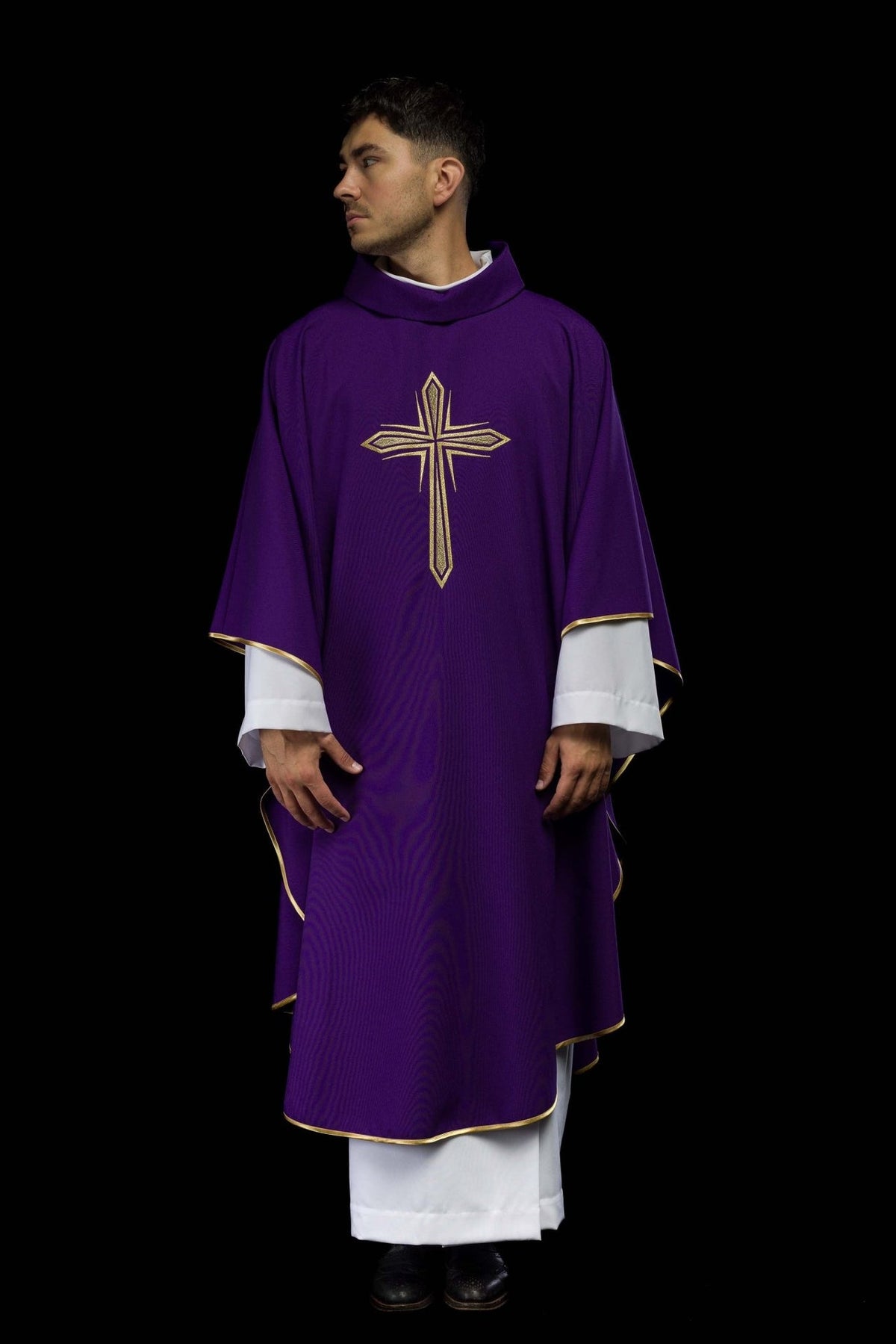 Purple chasuble front view with gold cross embroidery and trim