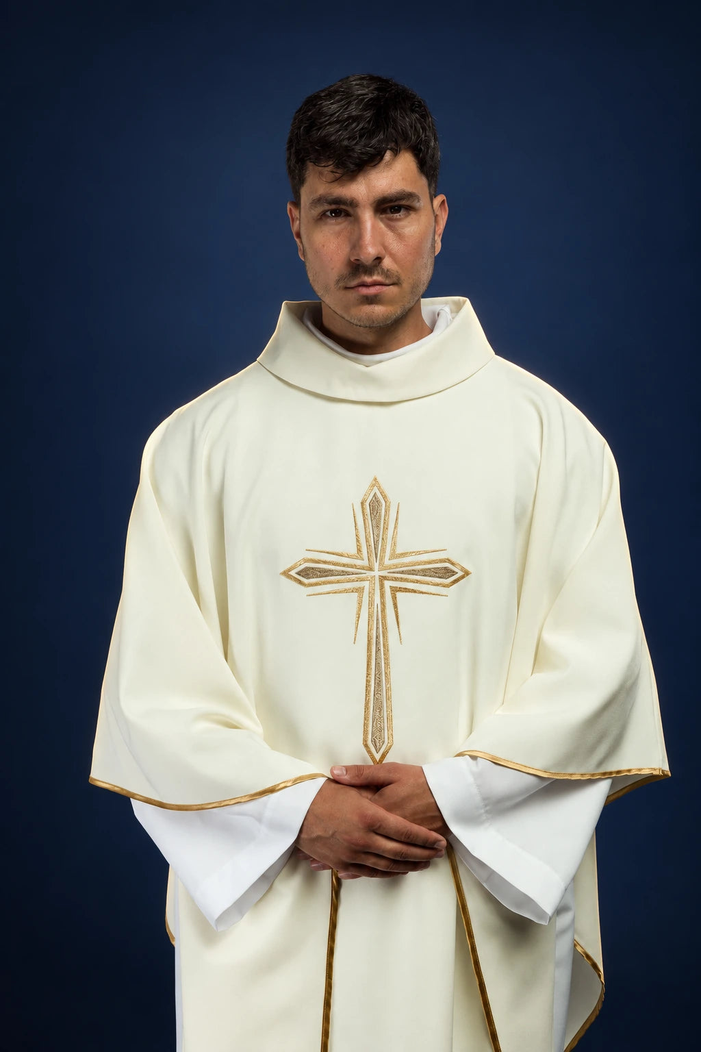 Embroidered Chasuble with Holy Cross Motif, front view in ivory with gold cross embroidery and trim