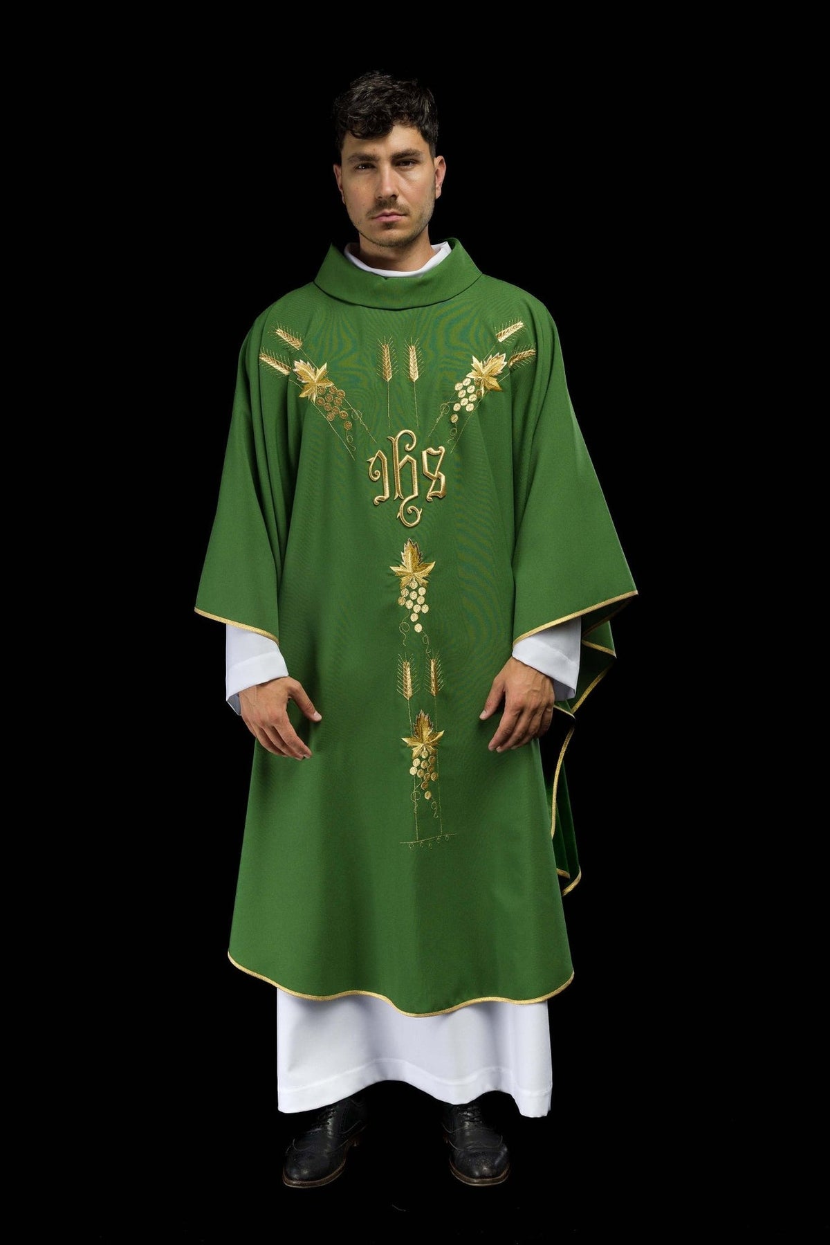 Green chasuble front view with IHS, grapes and gold embroidered wheat motifs