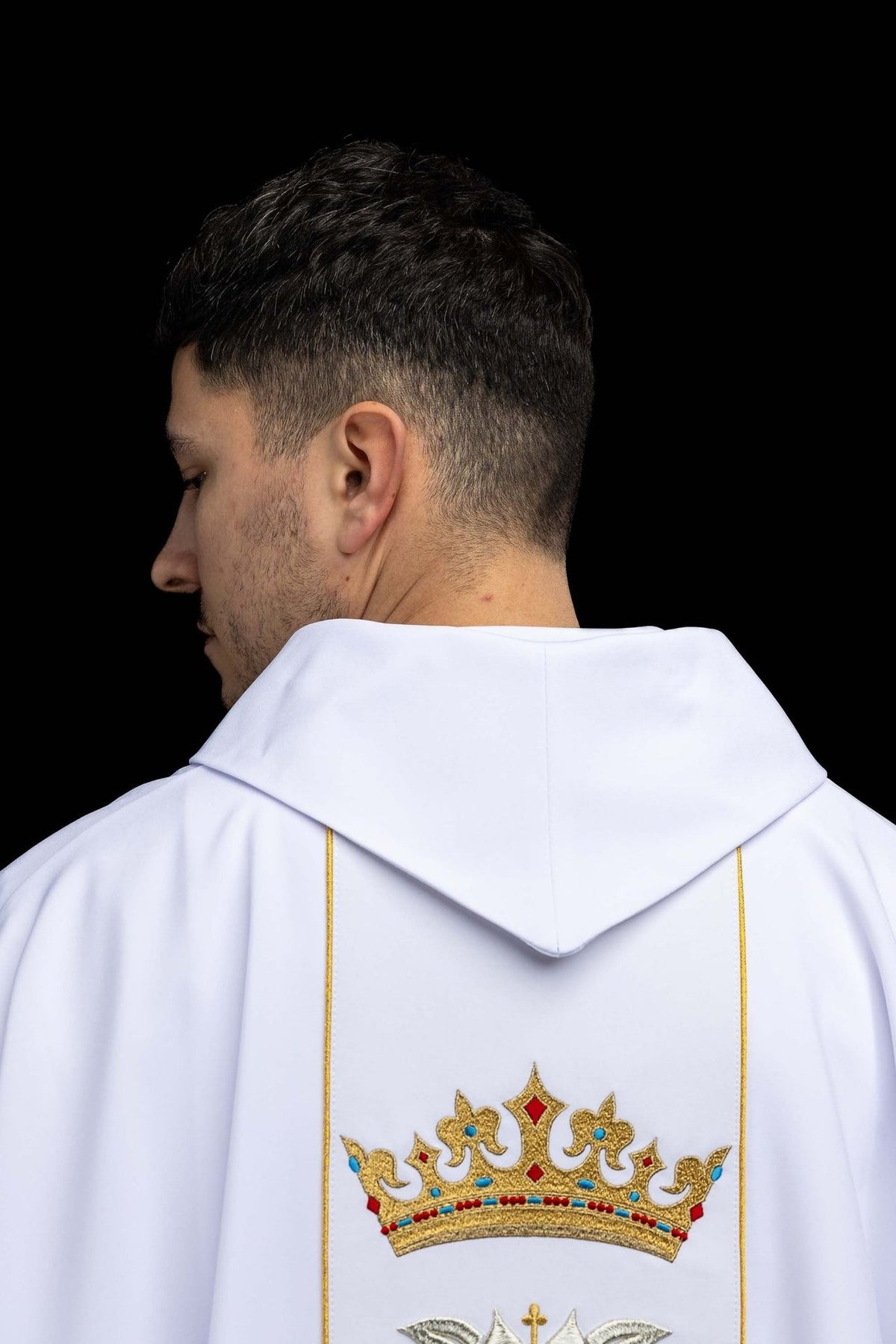 Marian chasuble back view showing white stand-up collar, crown and Marian embroidery