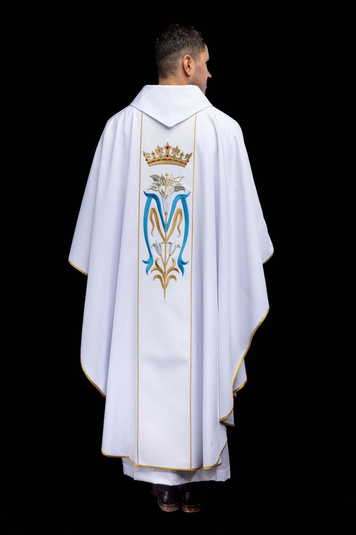 Marian chasuble back view with central crown and Marian embroidery