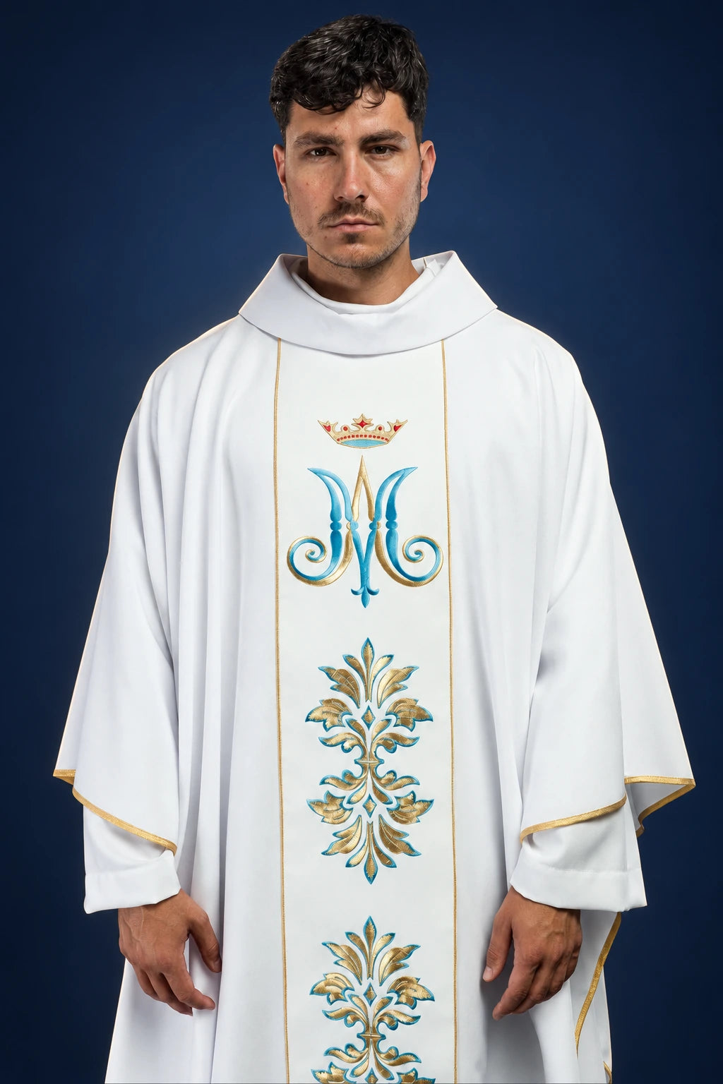 White Embroidered Chasuble with Marian Motif, front view with blue and gold Marian embroidery