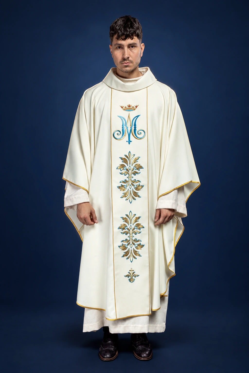 Ecru Marian chasuble, full front view with gold trim and embroidered Marian motifs