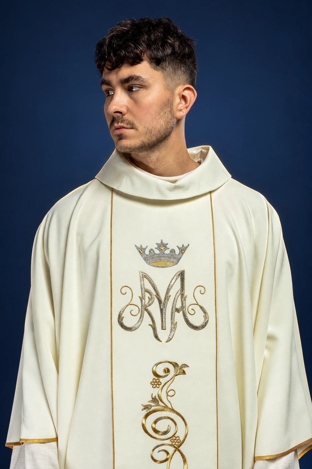 Marian Liturgical Chasuble with Embroidered Ecru Orphrey, front close-up with silver and gold Marian embroidery