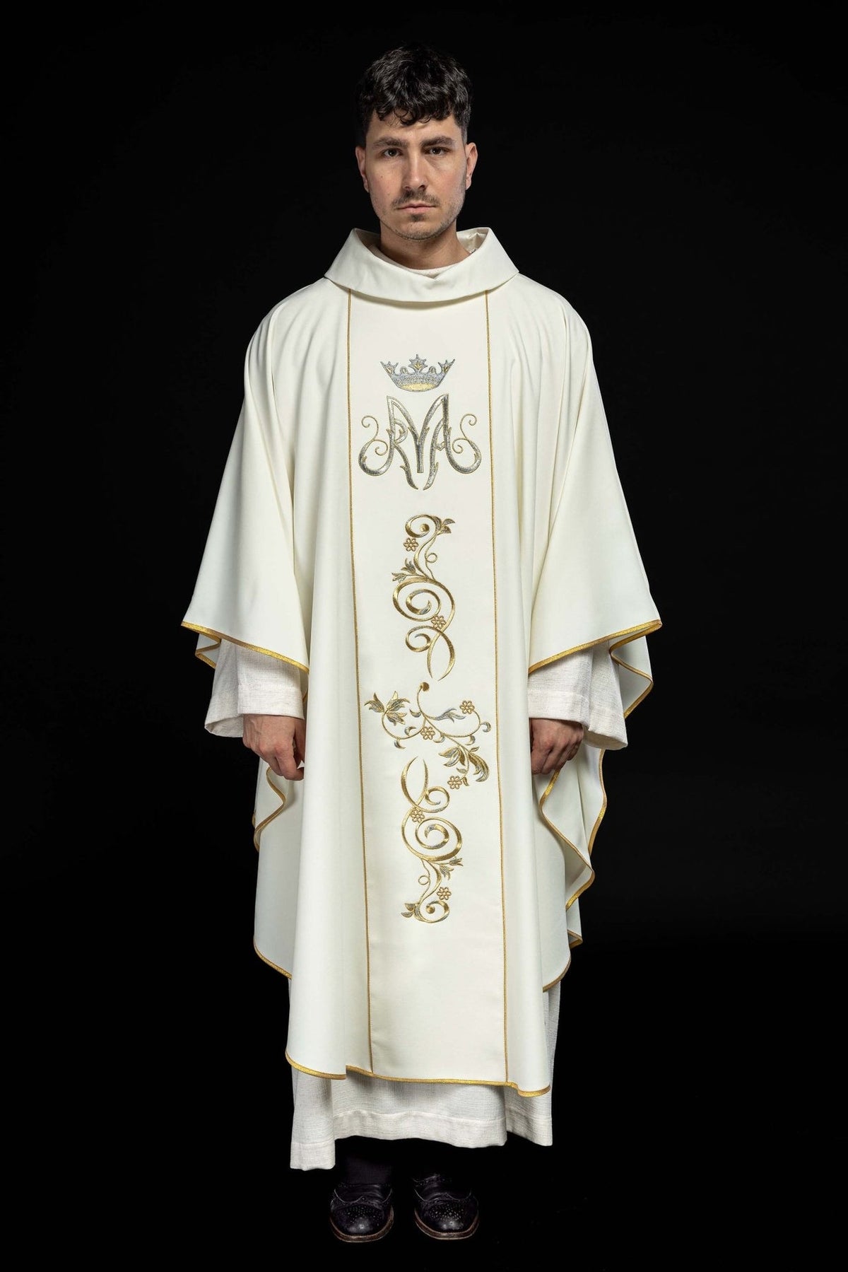 Marian chasuble, full front view with ecru orphrey, crown, Marian monogram and gold embroidery