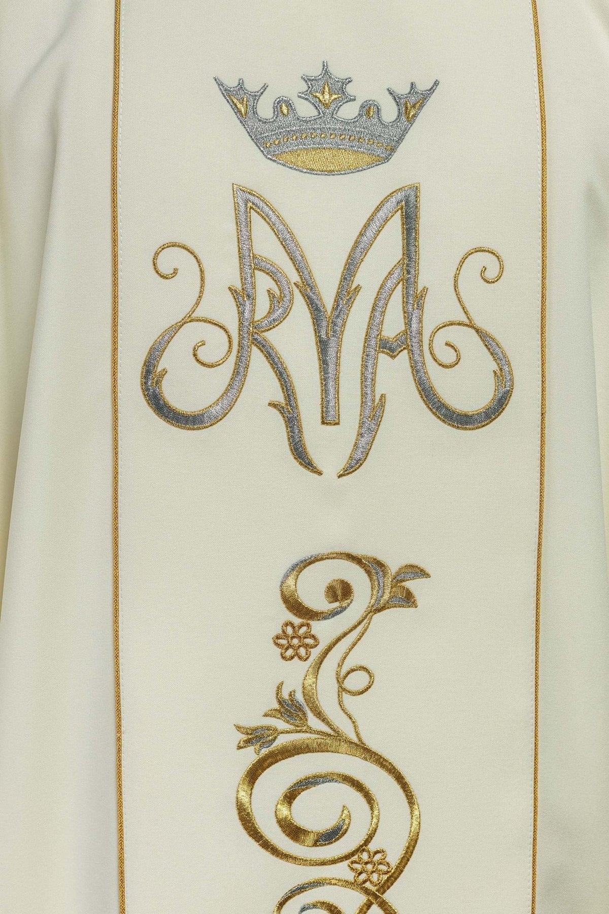 Marian chasuble, close-up of ecru orphrey with crown and silver Marian monogram embroidery