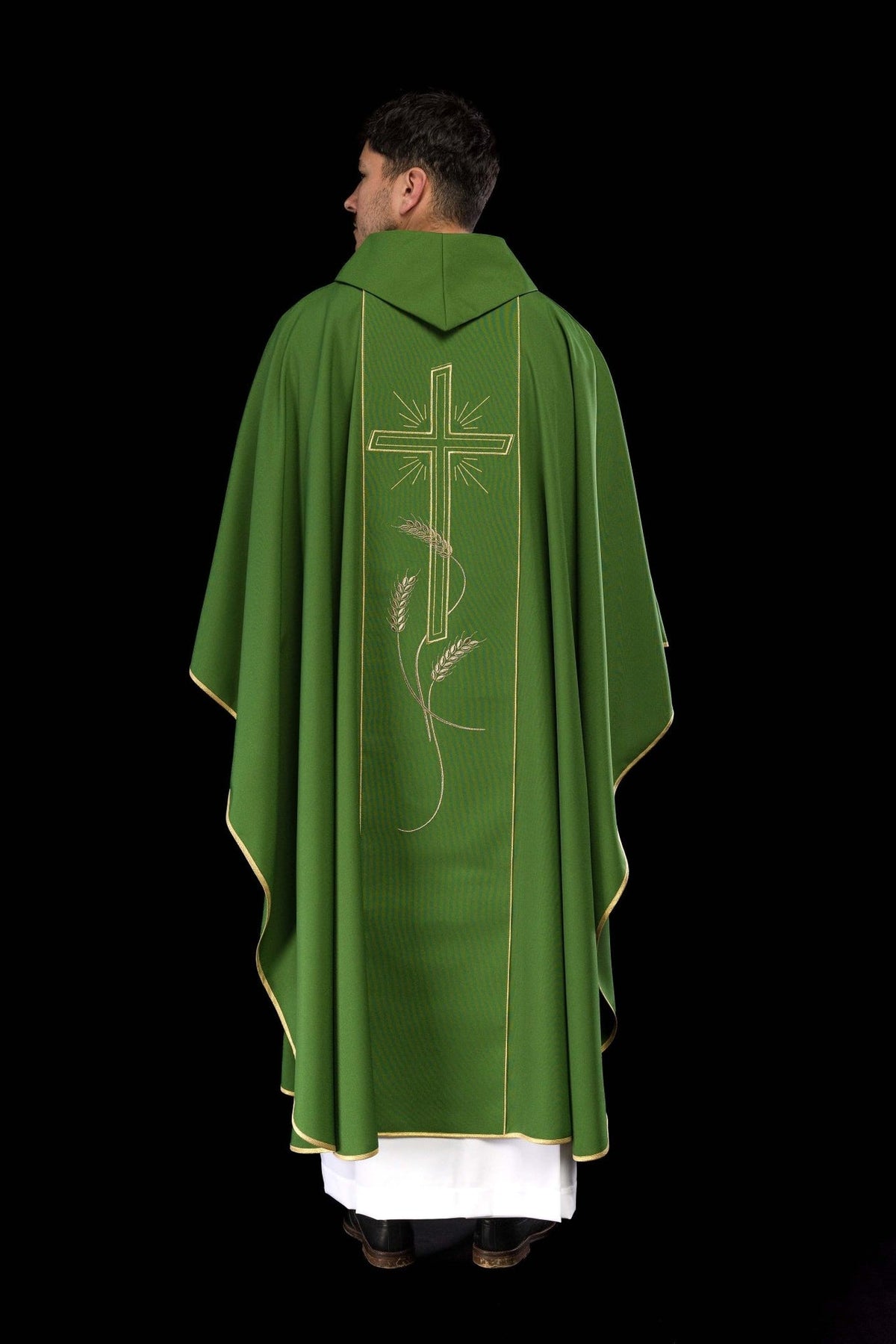 Green chasuble back view with embroidered gold cross and wheat motifs