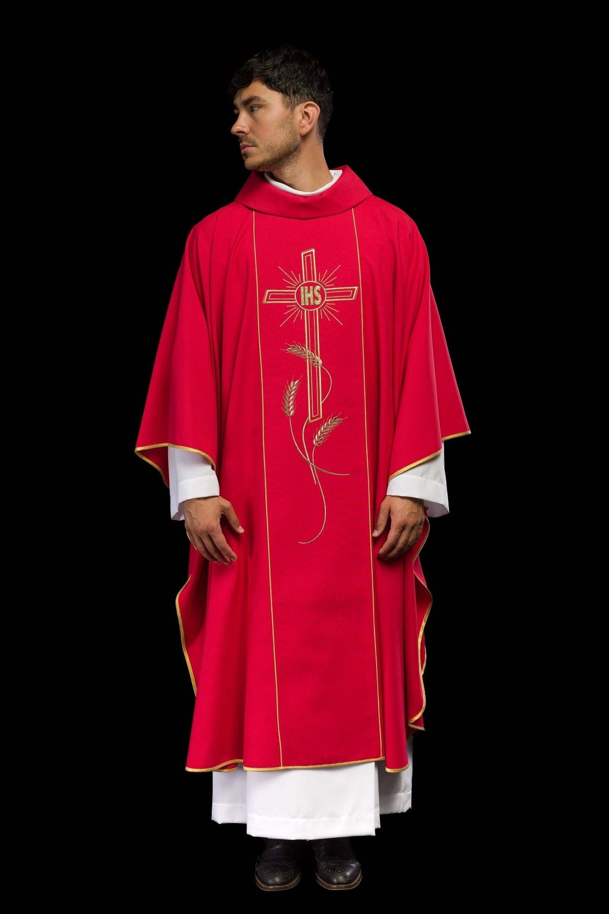 Red chasuble front view with gold IHS cross and wheat embroidery