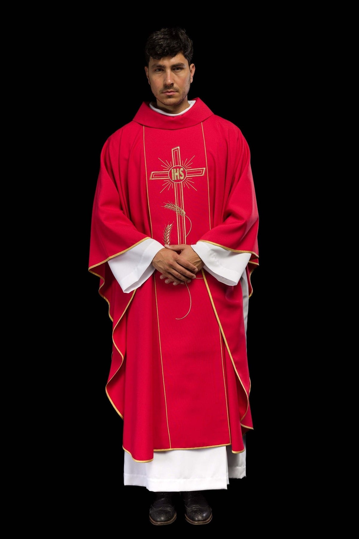 Red chasuble full front view with gold IHS cross and wheat embroidery