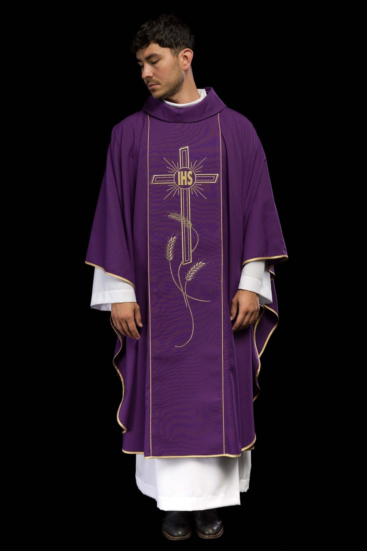 Purple chasuble front view with gold IHS cross, wheat embroidery and trim