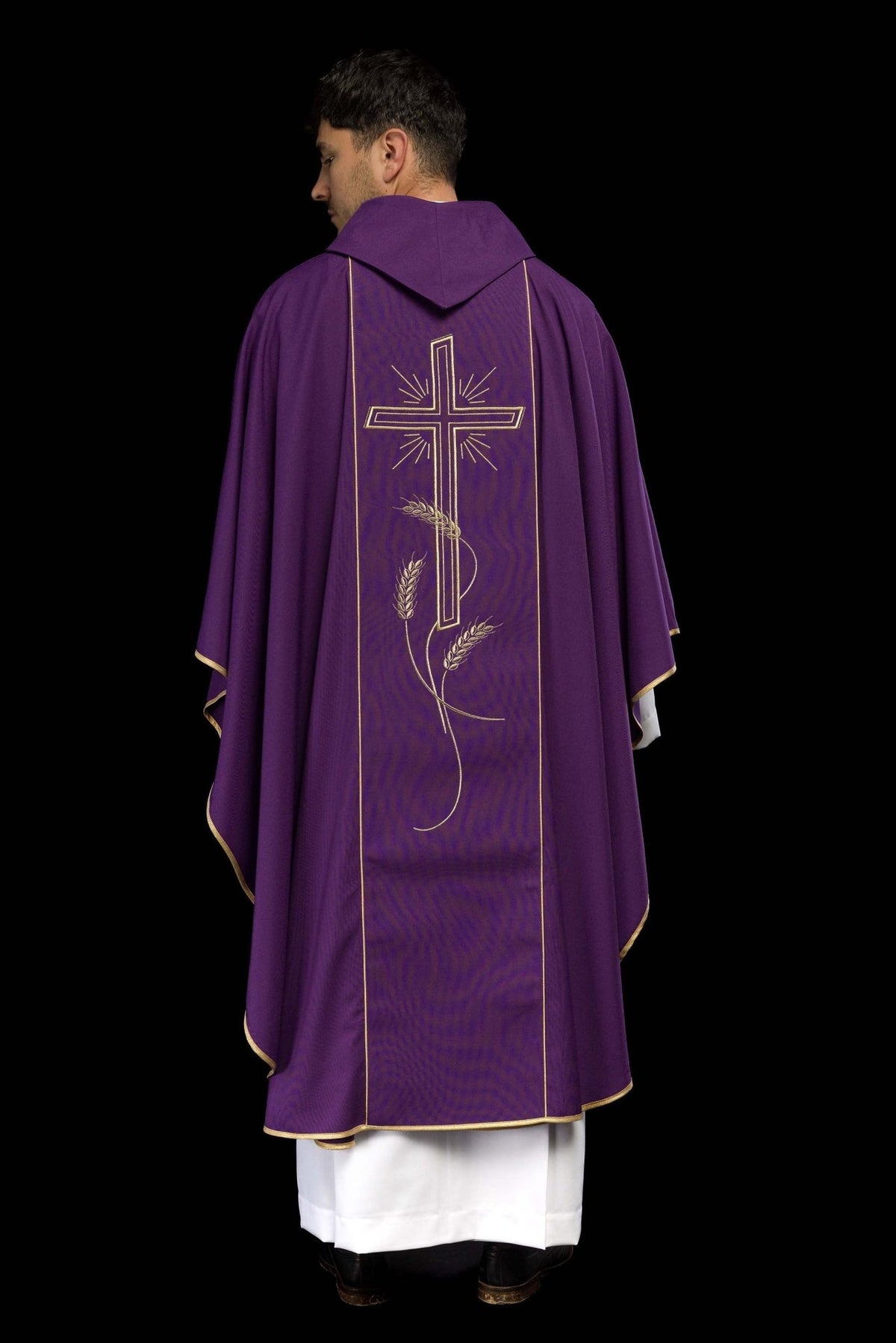 Purple chasuble full back view with gold embroidered cross and wheat motifs