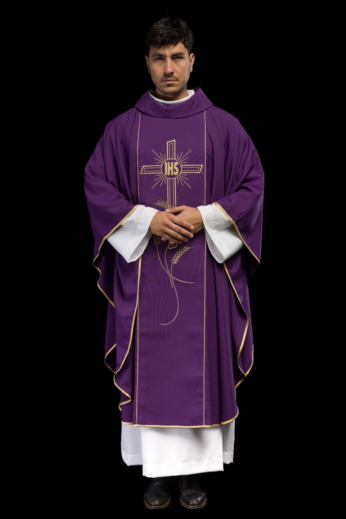 Purple chasuble front worn view with gold orphrey, IHS cross and wheat embroidery