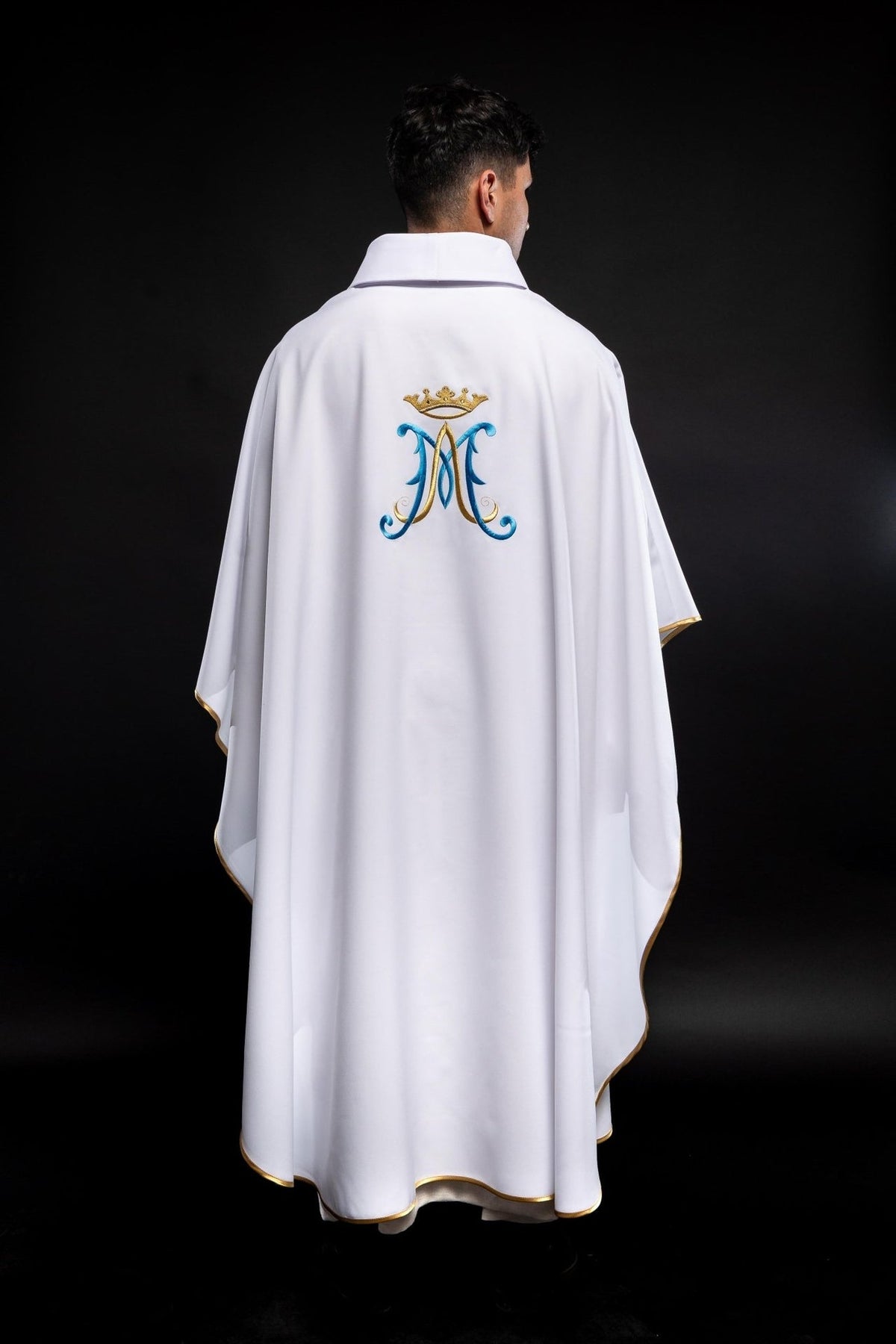 Marian chasuble back view with crowned blue and gold Marian motif and gold trim