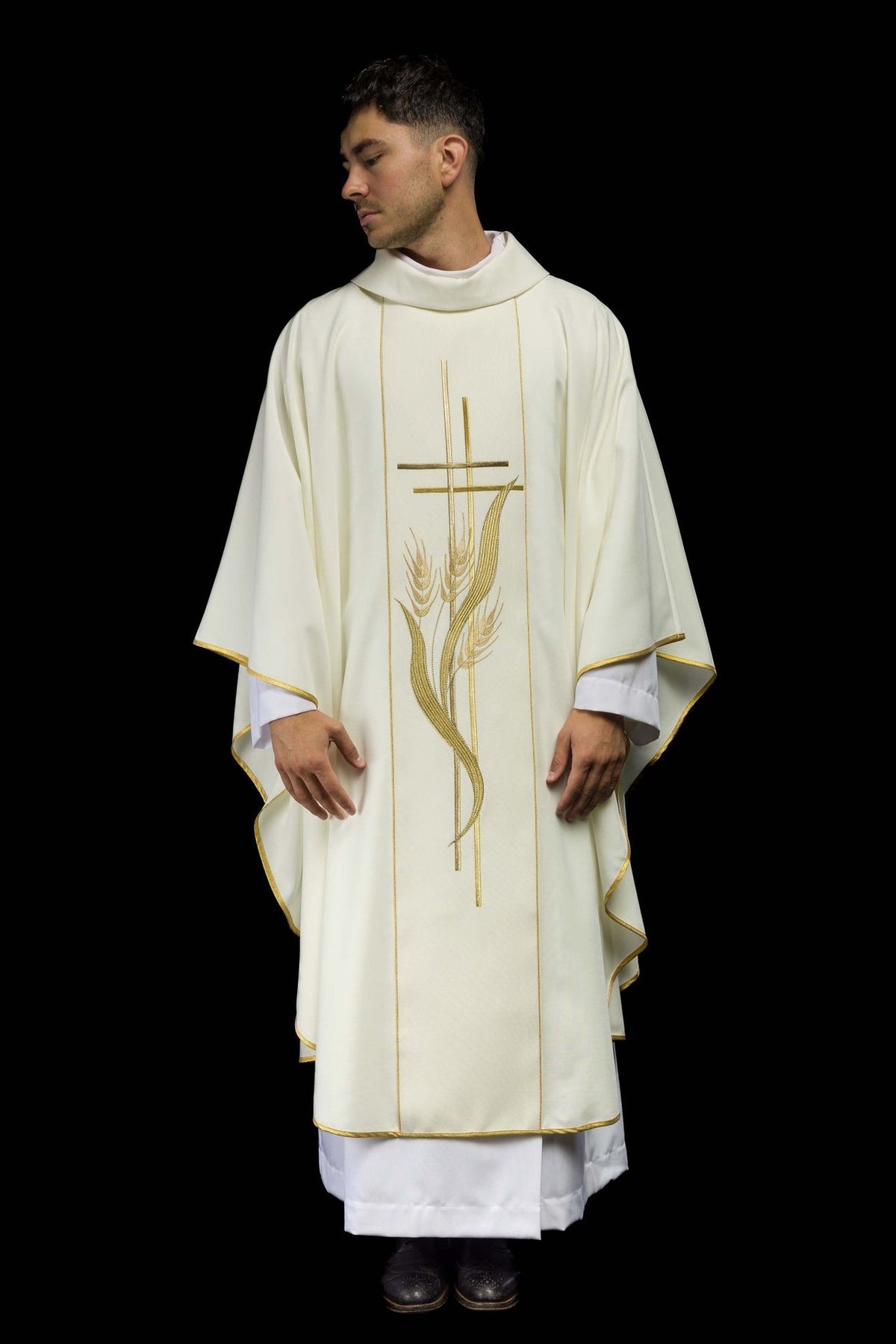 Ecru chasuble, full front view with gold cross and wheat embroidery