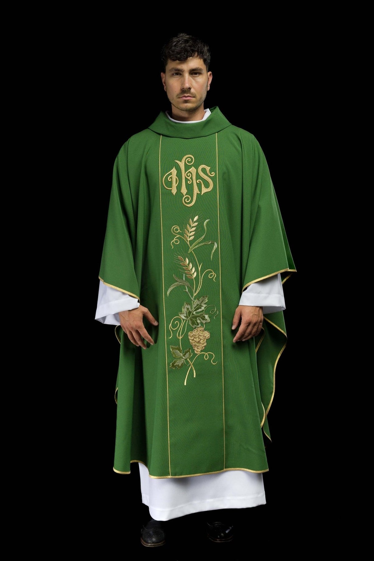 Green chasuble, full front view with gold IHS and wheat embroidery