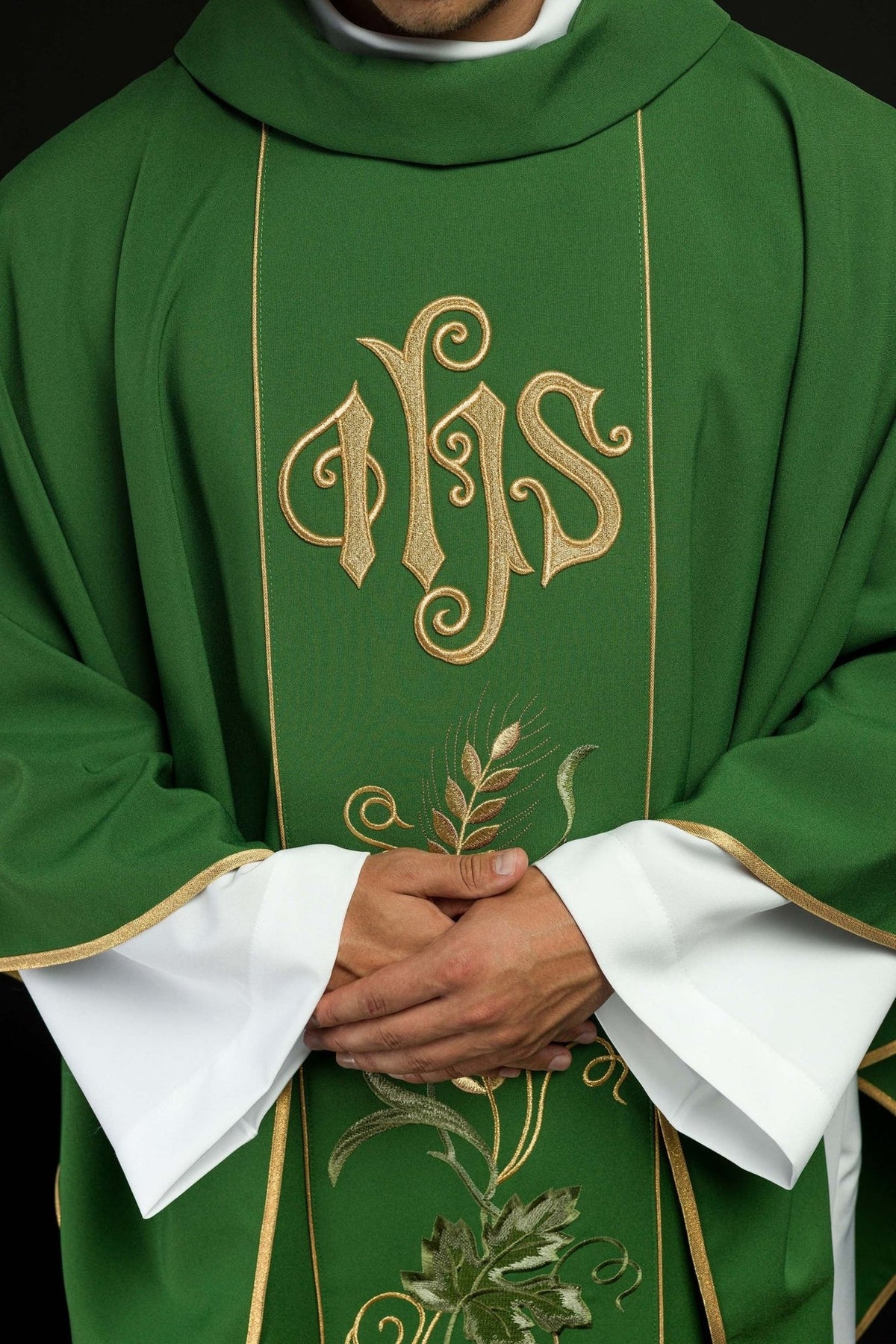 Green chasuble, close-up front view of embroidered gold IHS and wheat