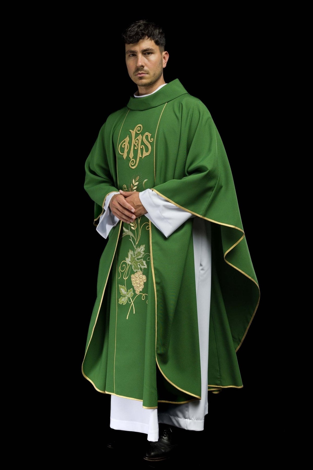 Green chasuble, side worn view with gold trim and front orphrey
