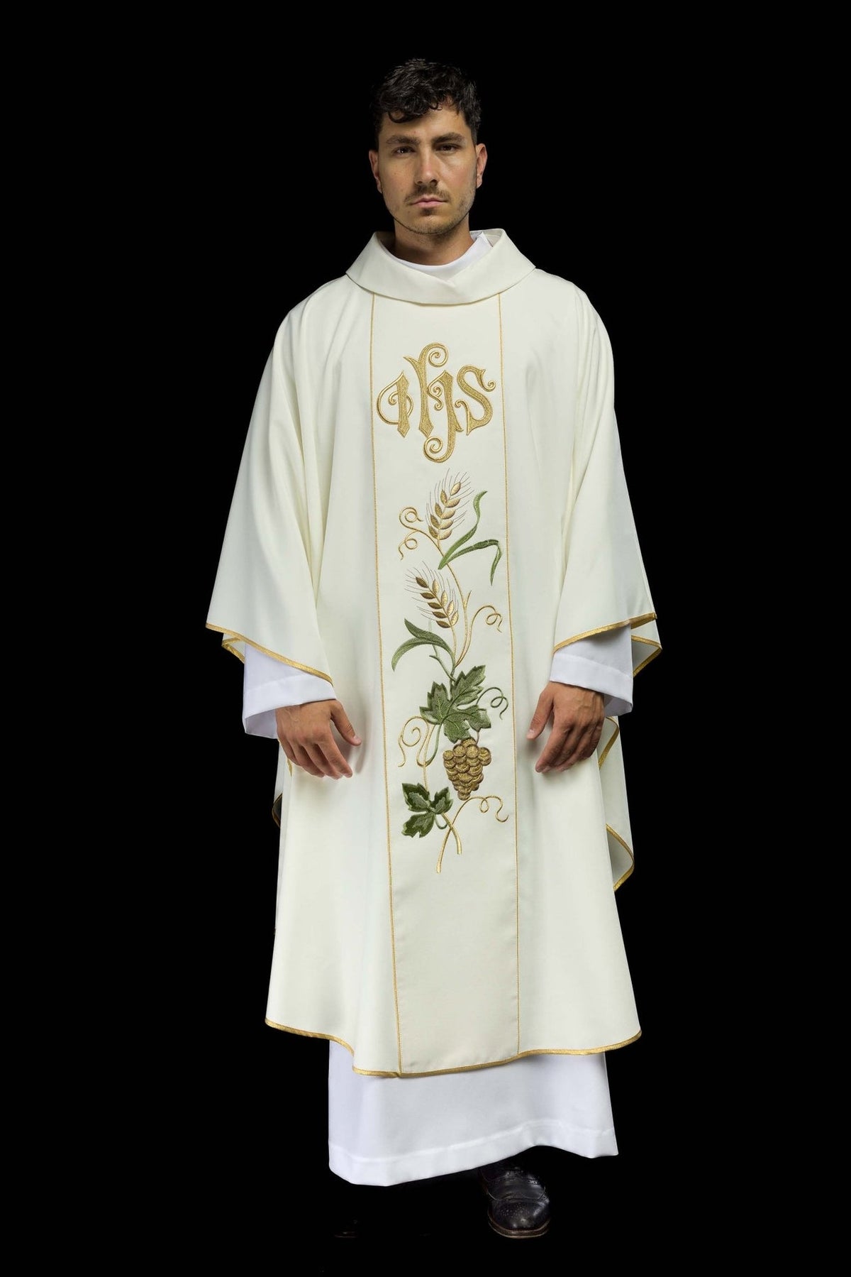 Ecru chasuble front view with embroidered IHS, wheat and grapes
