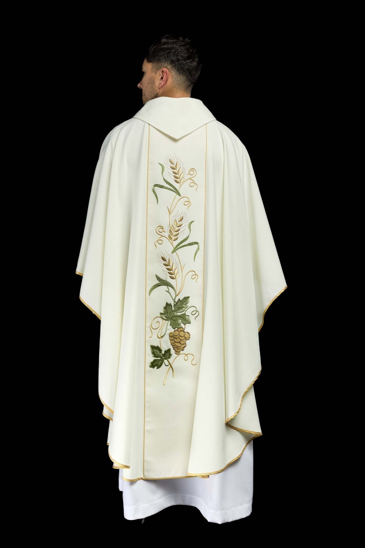 Ecru chasuble full back view with embroidered orphrey, wheat and grapes
