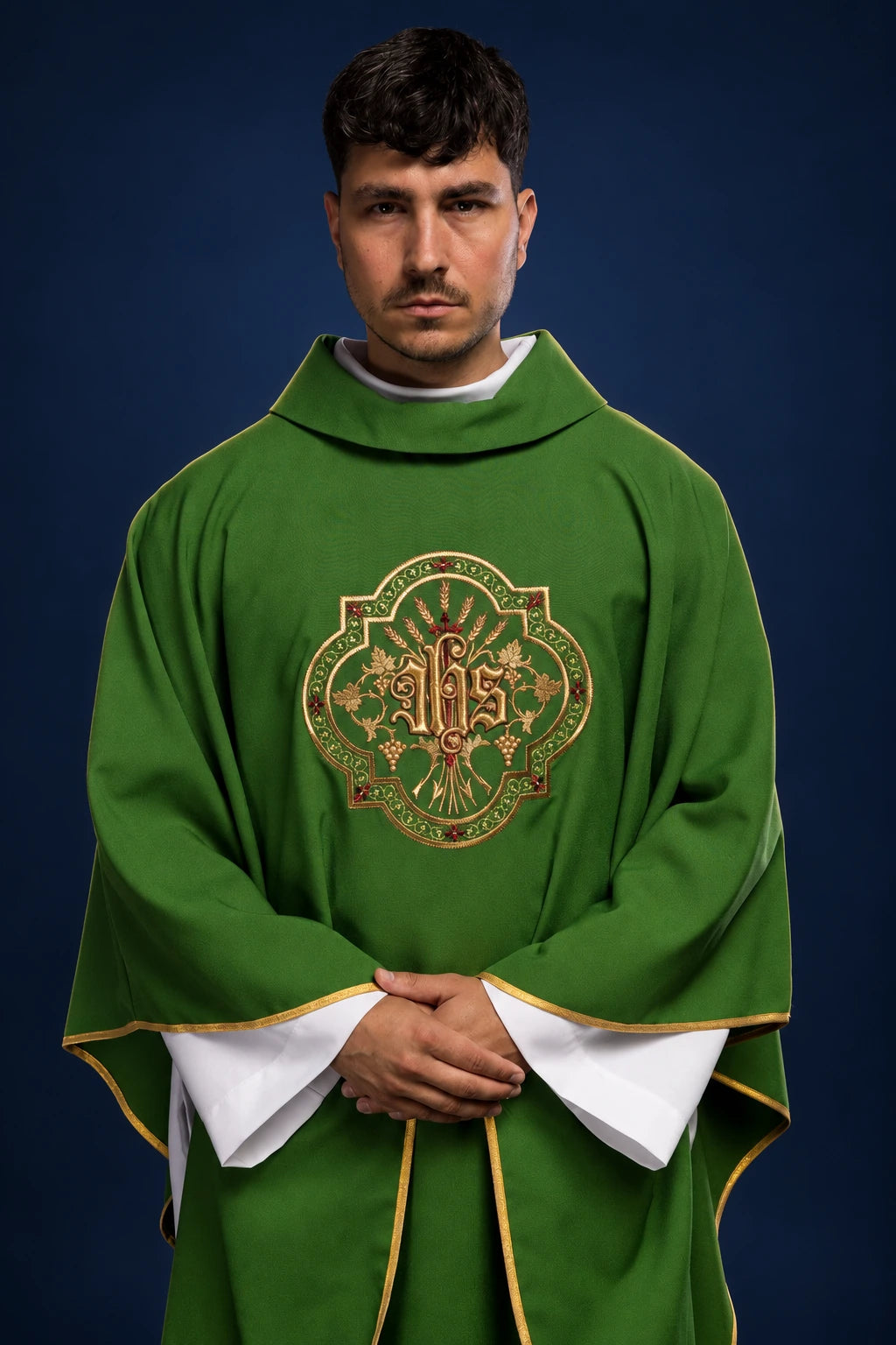 Green Chasuble with IHS and PAX Embroidery, front view with gold trim and embroidered emblem