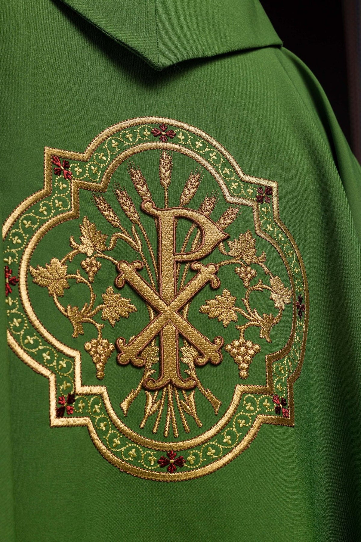 Green chasuble fabric label detail
