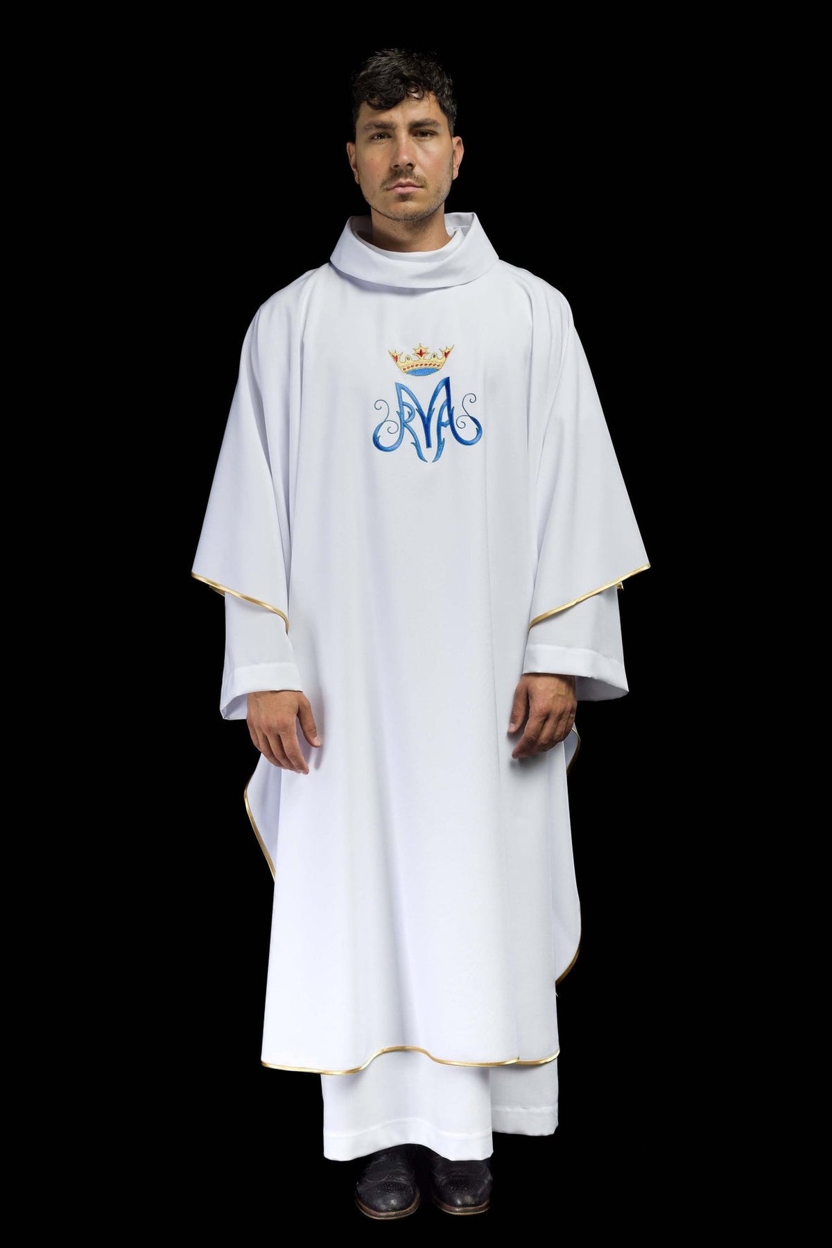White Marian chasuble full front view with blue Marian monogram, crown embroidery and gold trim