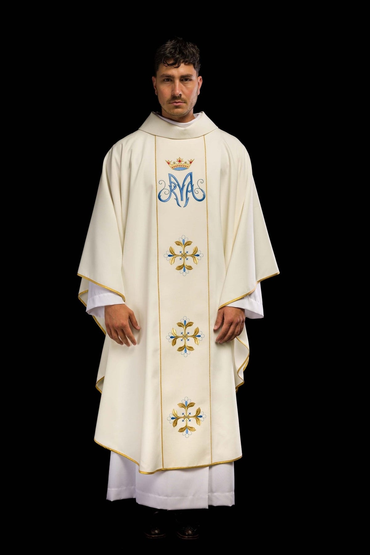 Marian chasuble full front view with ecru fabric, gold trim, crown and blue Marian monogram