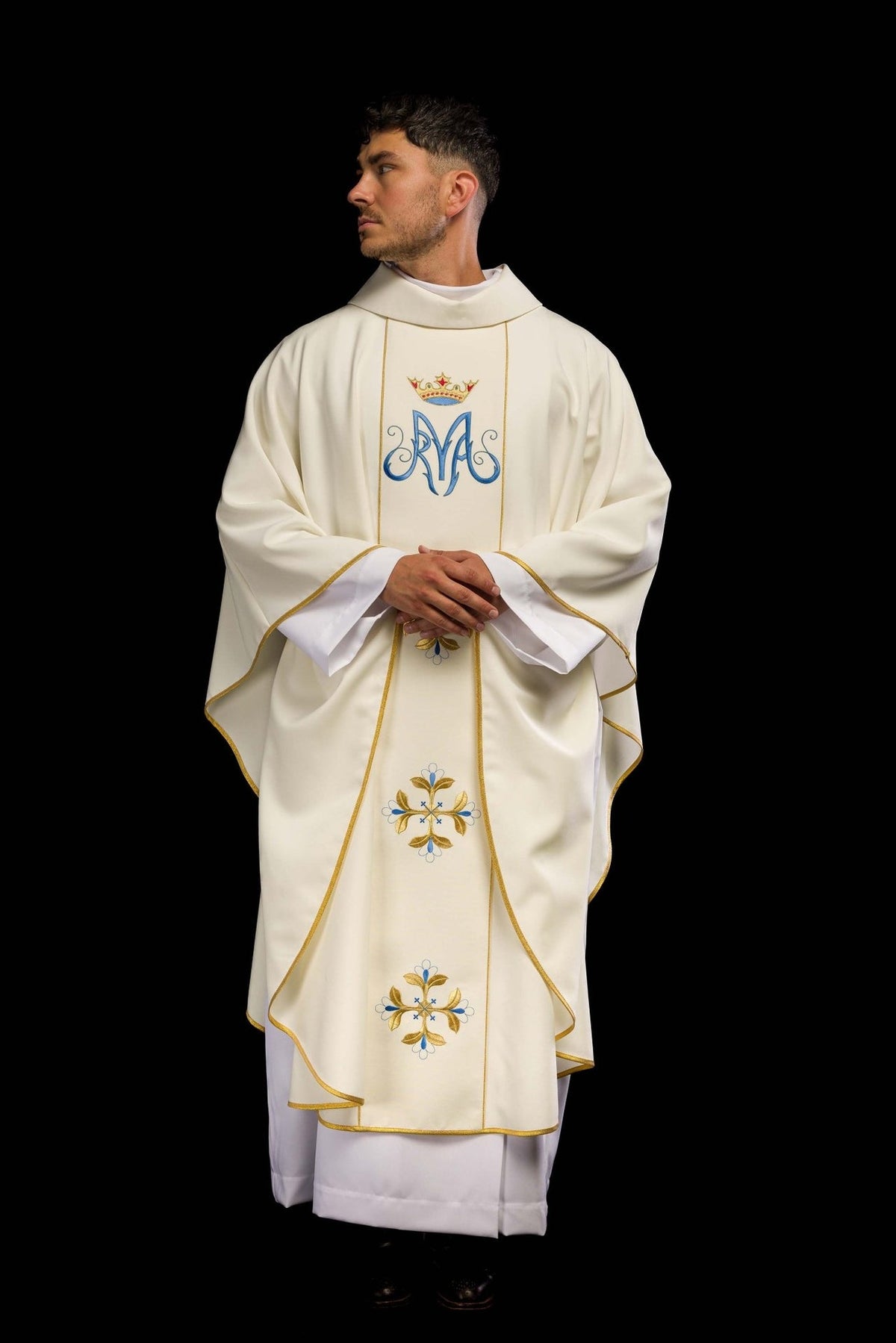 Marian chasuble front view showing gold-trimmed orphrey, Marian monogram and cross motifs