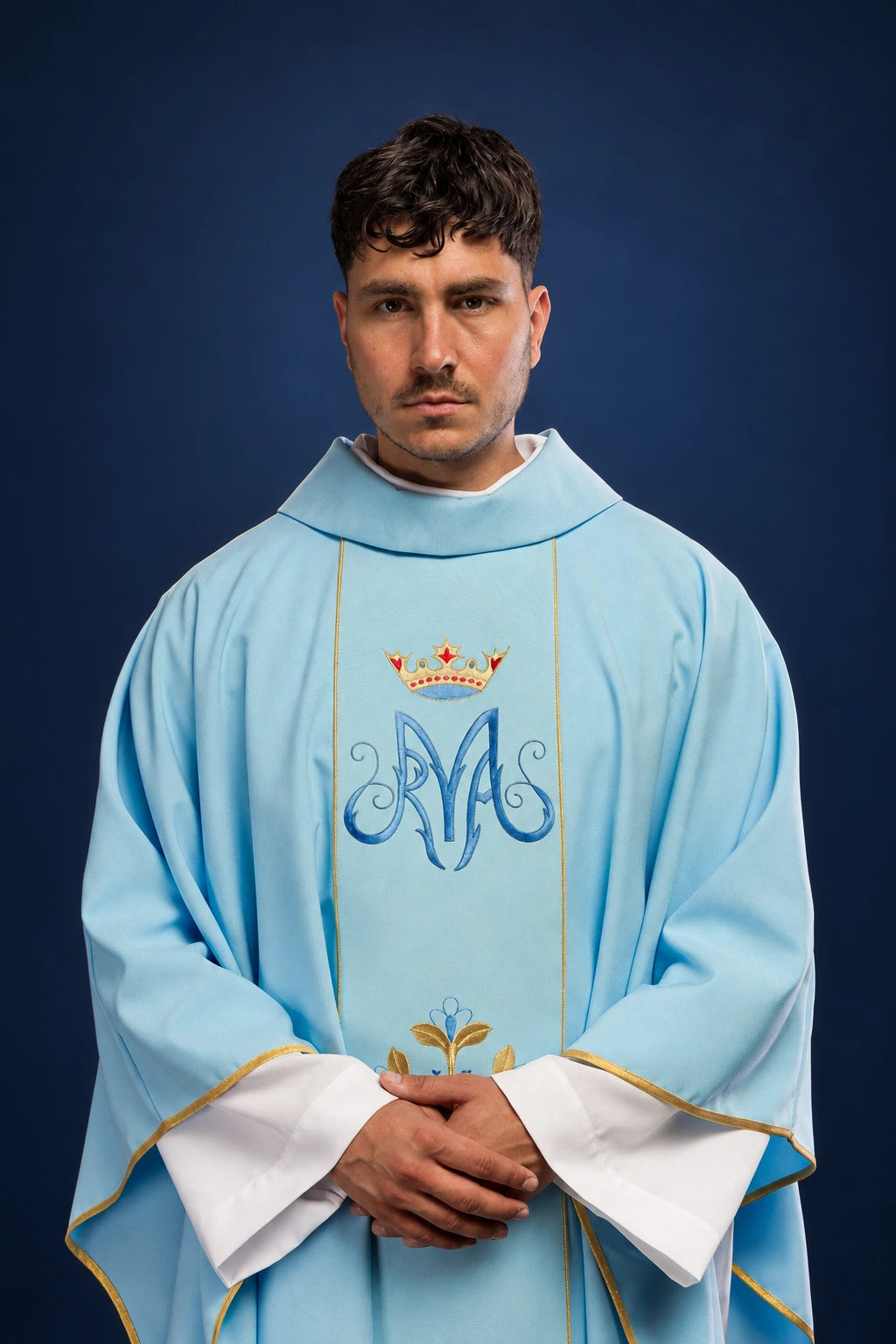 Blue Catholic Chasuble with Orphrey, front view with Marian symbol, crown embroidery and gold trim