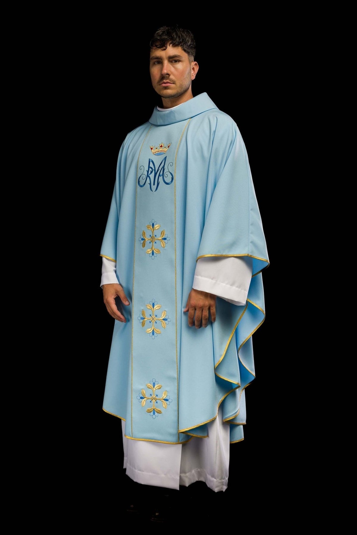 Blue chasuble with orphrey, front three-quarter view with gold floral embroidery