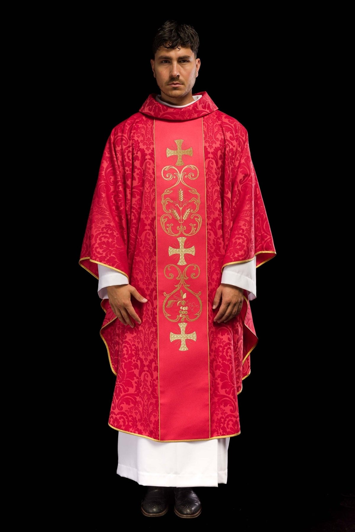 Red chasuble full front view with gold embroidered orphrey and jacquard floral pattern
