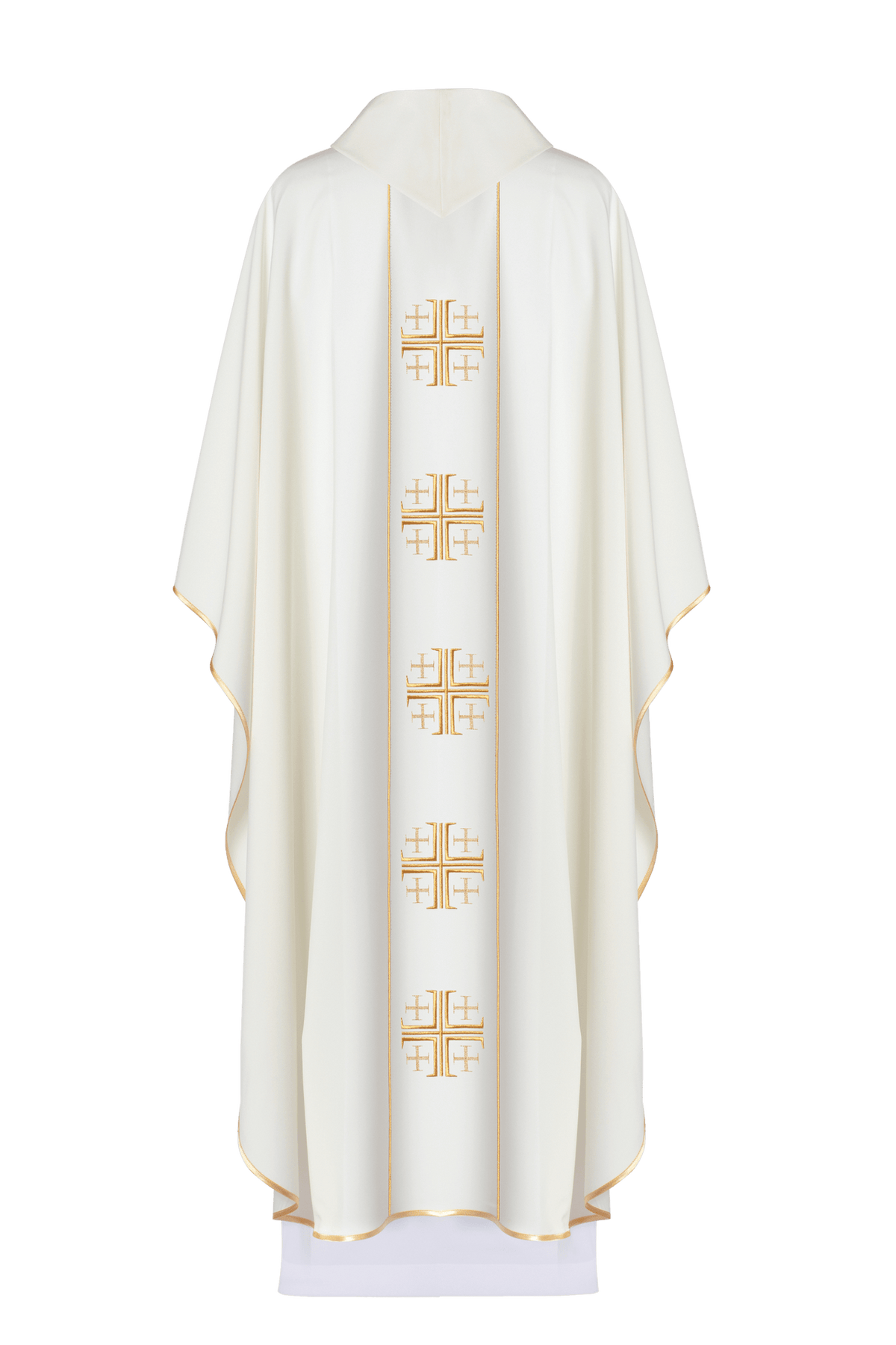 Ecru chasuble, back view with embroidered gold Jerusalem crosses on the orphrey