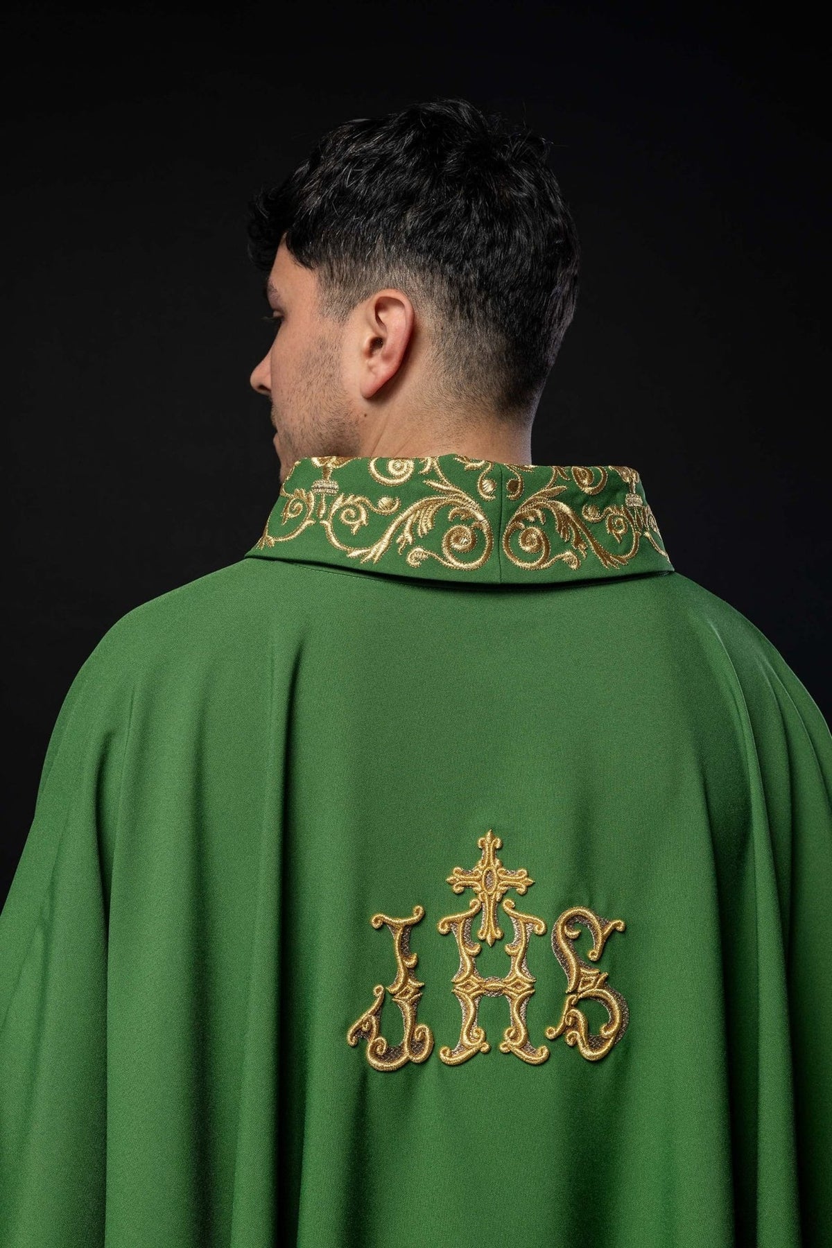Green chasuble lower front with gold embroidery and satin trim