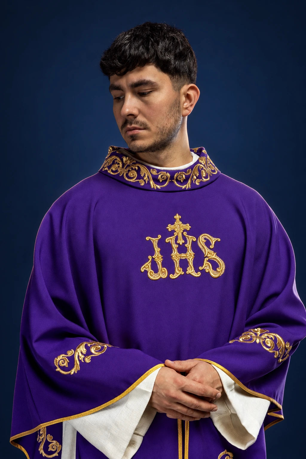 Purple Chasuble with Gold IHS Embroidery and Decorative Trim, front view with stand-up collar