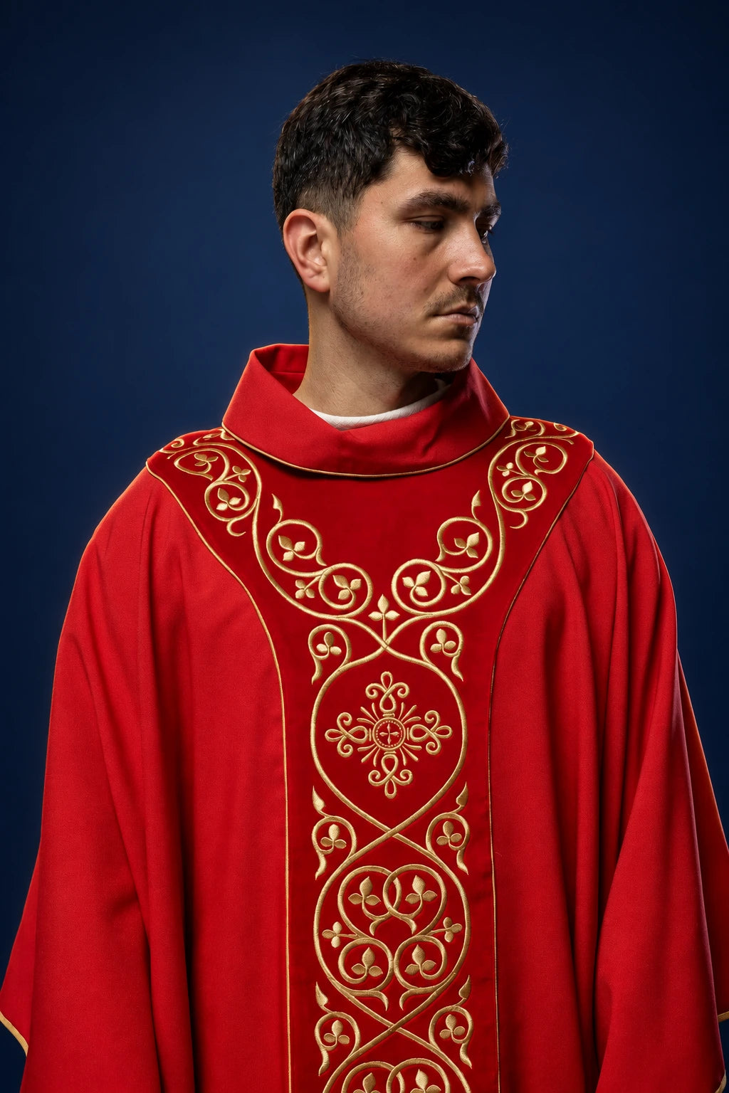 Red Liturgical Chasuble with Orphrey Embroidered on Velvet, front view with gold embroidery and stand-up collar