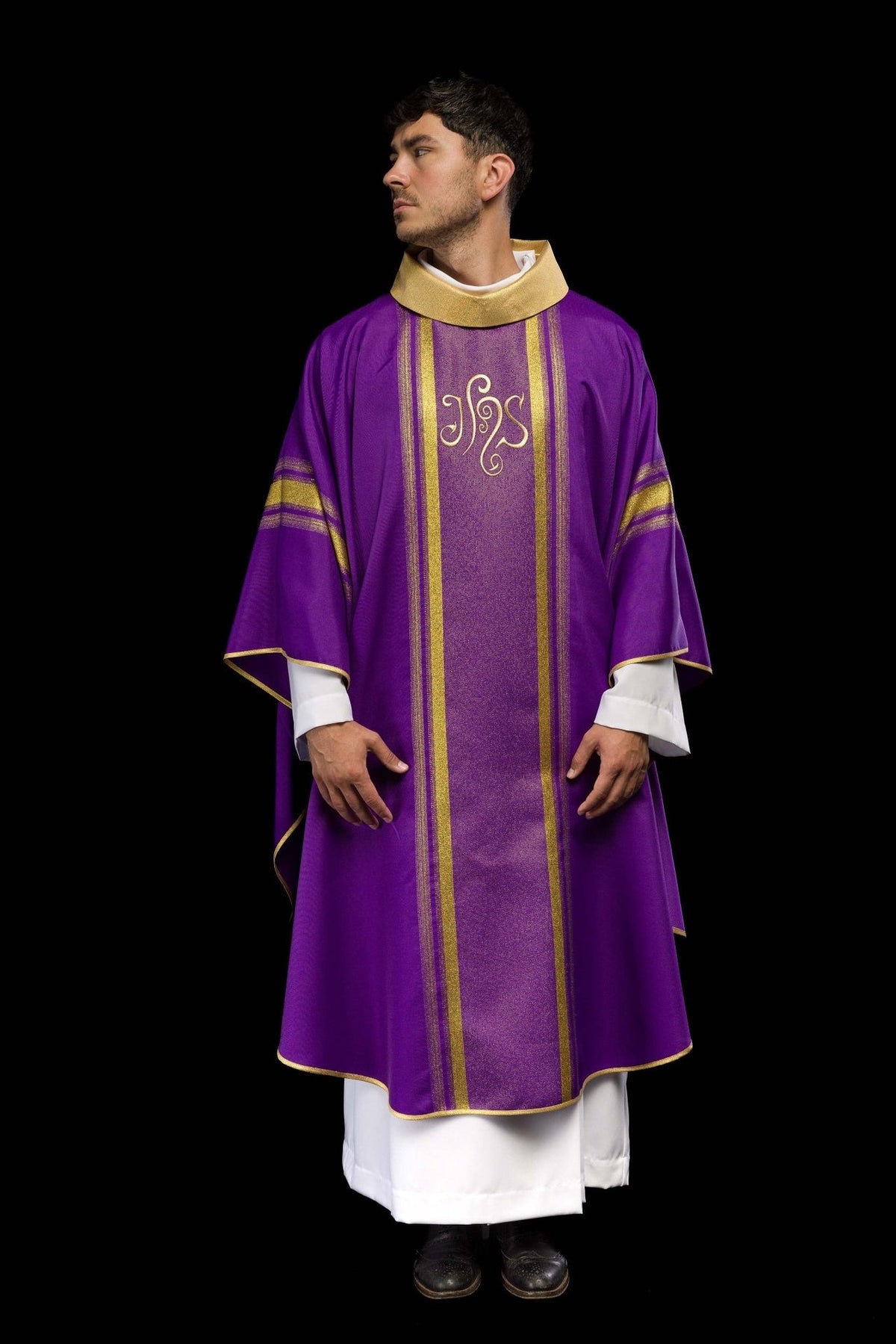 Purple chasuble front view with gold IHS embroidery and vertical trim