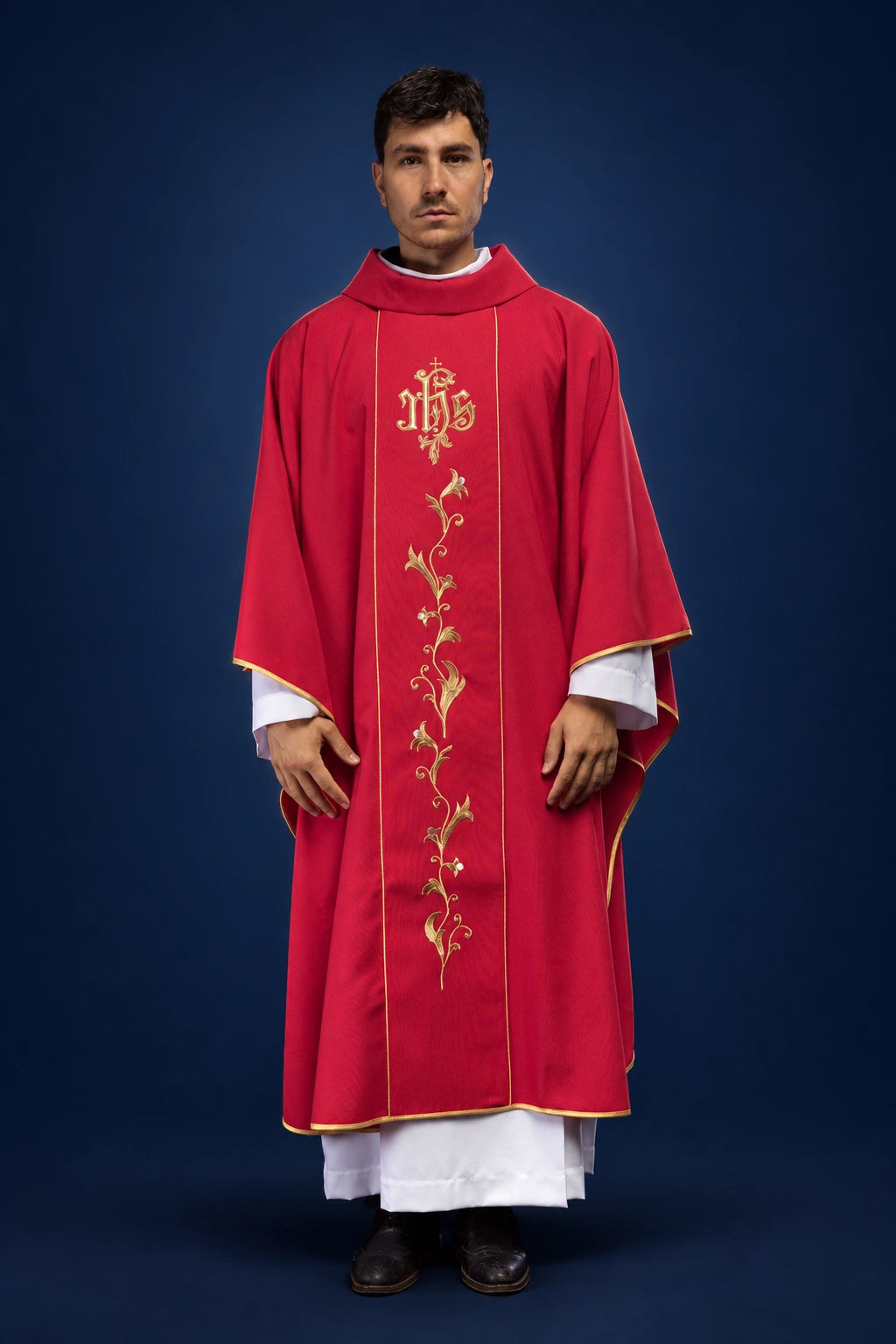Red Chasuble with Embroidered IHS Orphrey and Gold Satin Trim, front view with floral embroidery