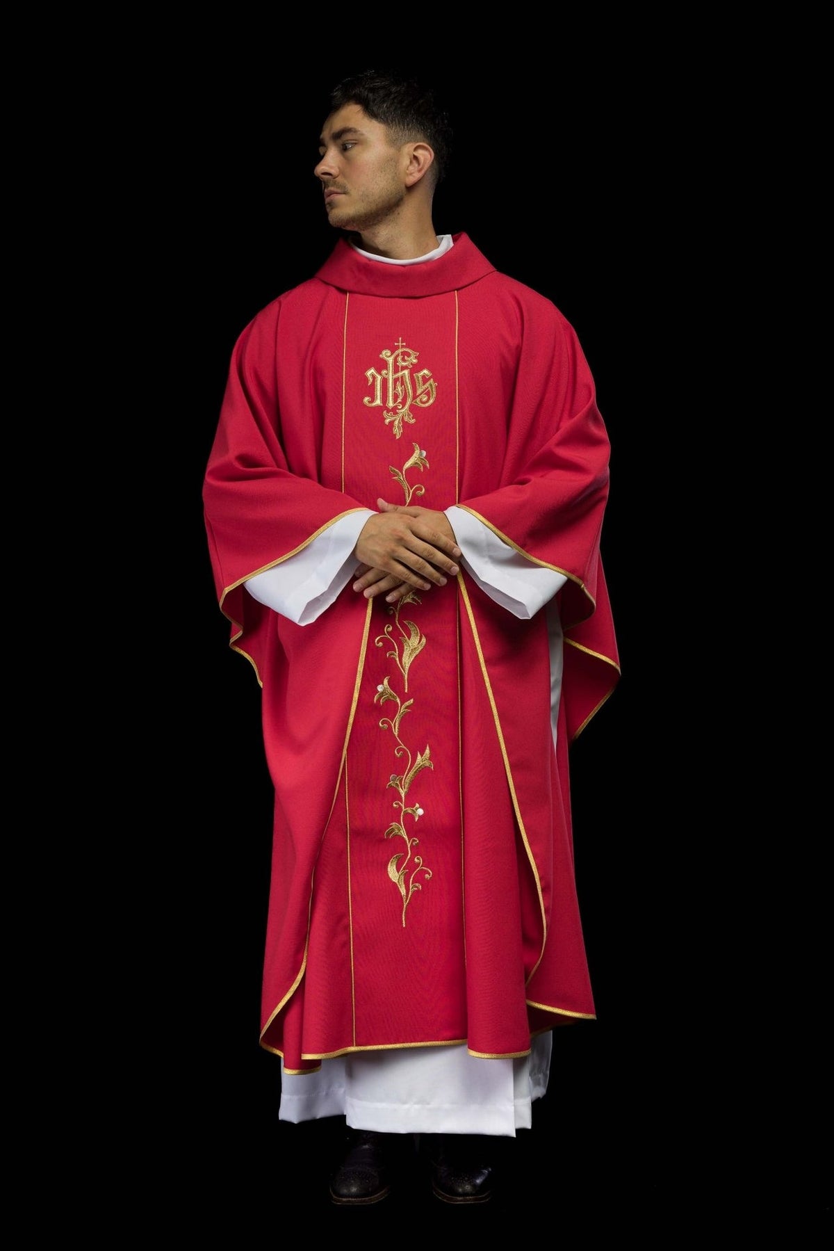Red chasuble front worn view with embroidered floral orphrey