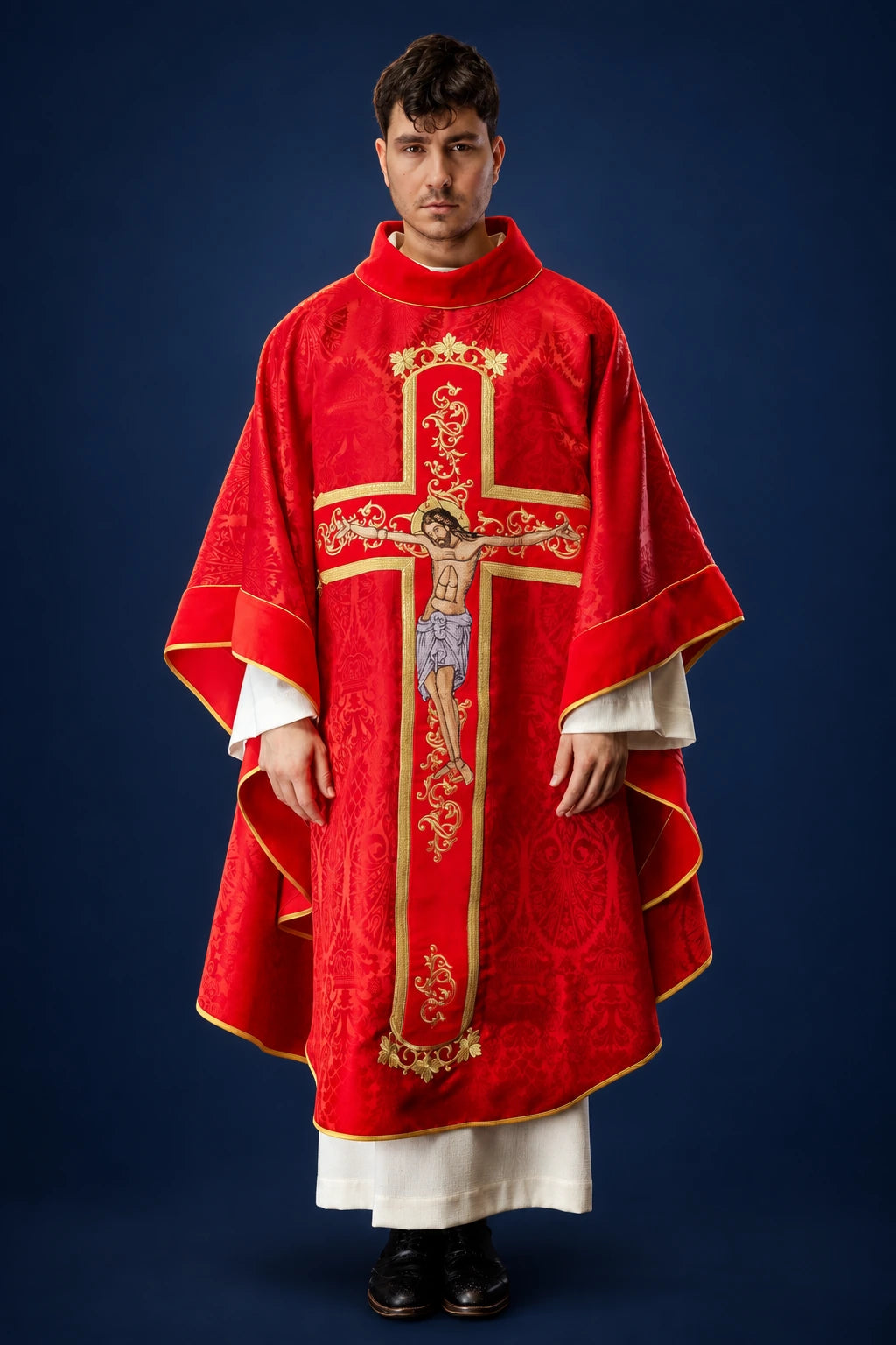 Red Catholic Chasuble with an Embroidered Image of Jesus Christ, front view with gold cross and stand-up collar