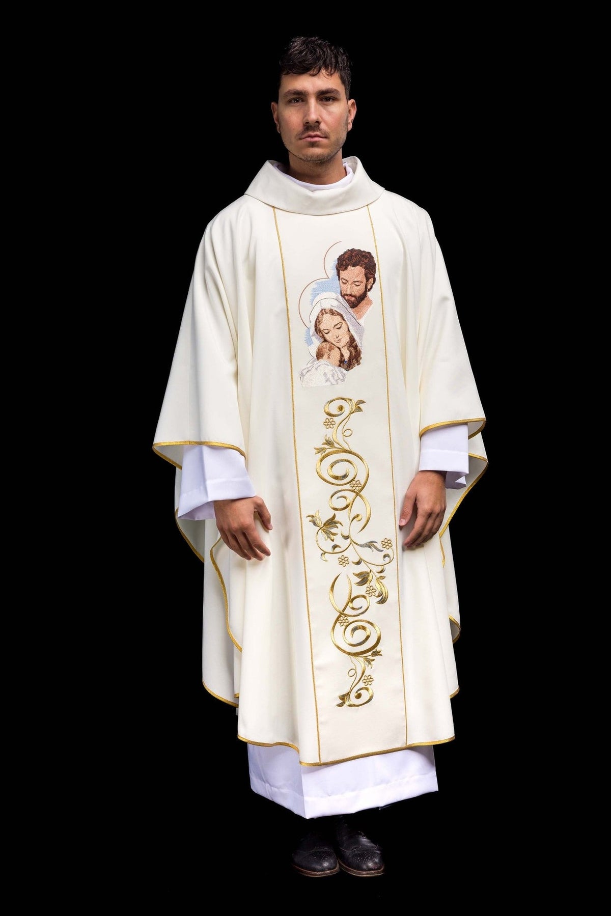 Holy Family chasuble, full front view with gold scroll embroidery and gold edging