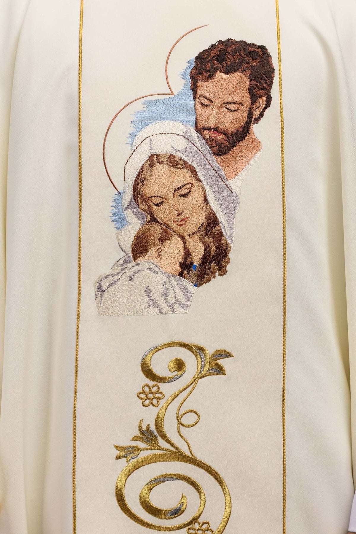 Holy Family chasuble, close-up of embroidered Holy Family image