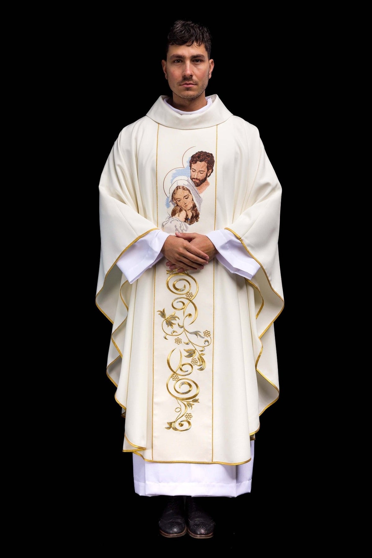 Holy Family chasuble, full front view with Holy Family embroidery and gold scrollwork