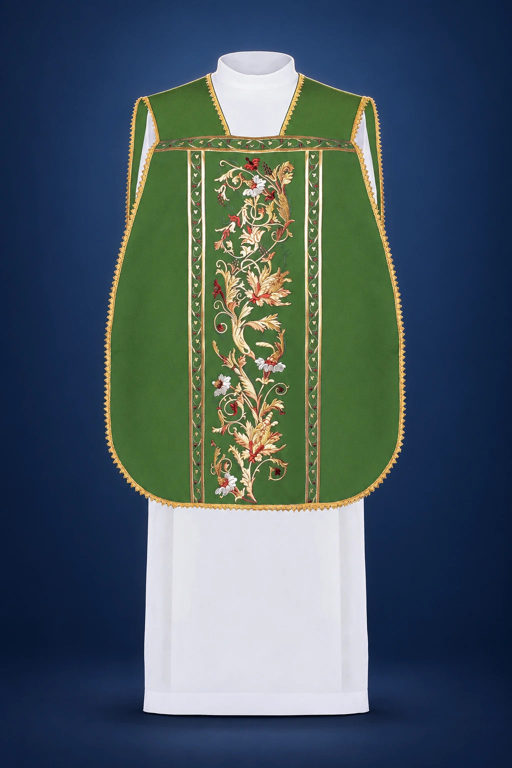 Green Roman Chasuble with Embroidered Communion Chalice Motif, front view with floral embroidery and gold trim