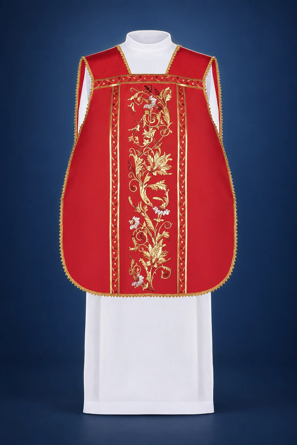 Red Roman Chasuble with Embroidered Chalice Motif, front view with gold floral embroidery and trim