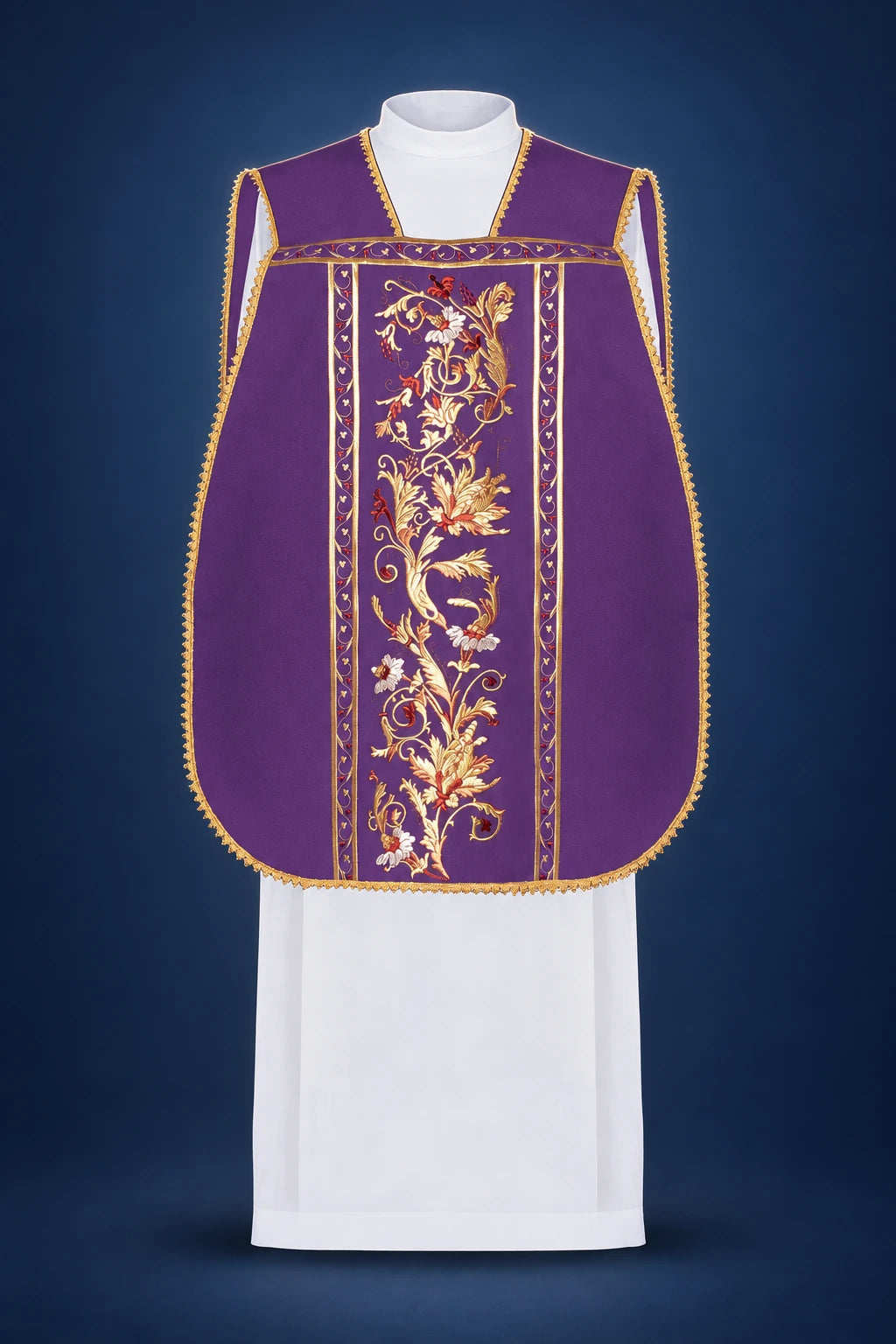 Purple Roman Chasuble with Embroidered Sacred Heart of Jesus Christ, front view with gold trim and floral embroidery